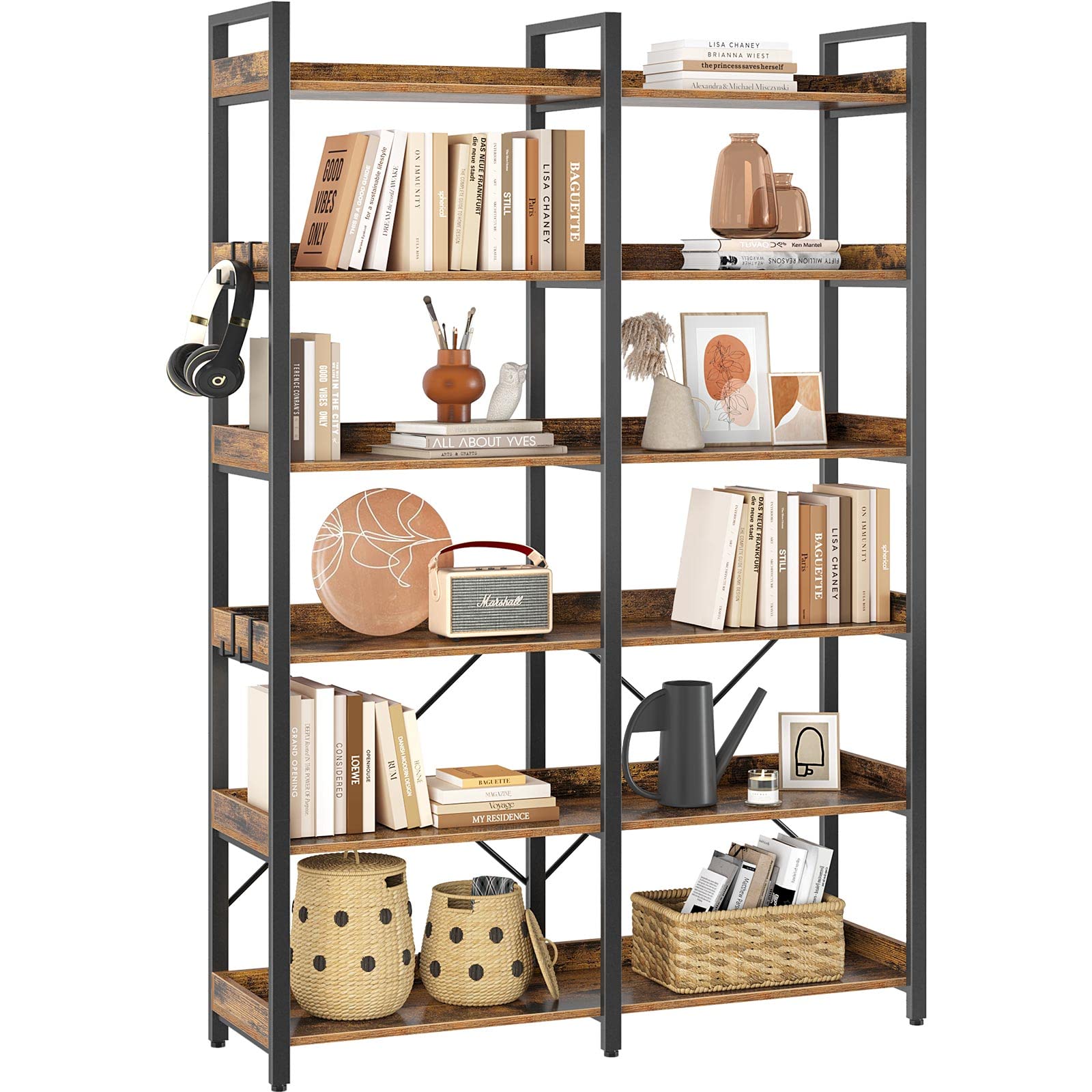 Bookshelf 6 Tier with 4 Hooks, 67” Industrial Wooden Bookcase