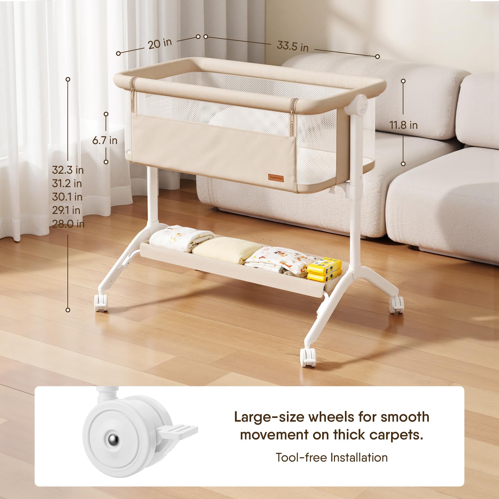 Bedside Bassinet with Breathable Mesh and Adjustable Height