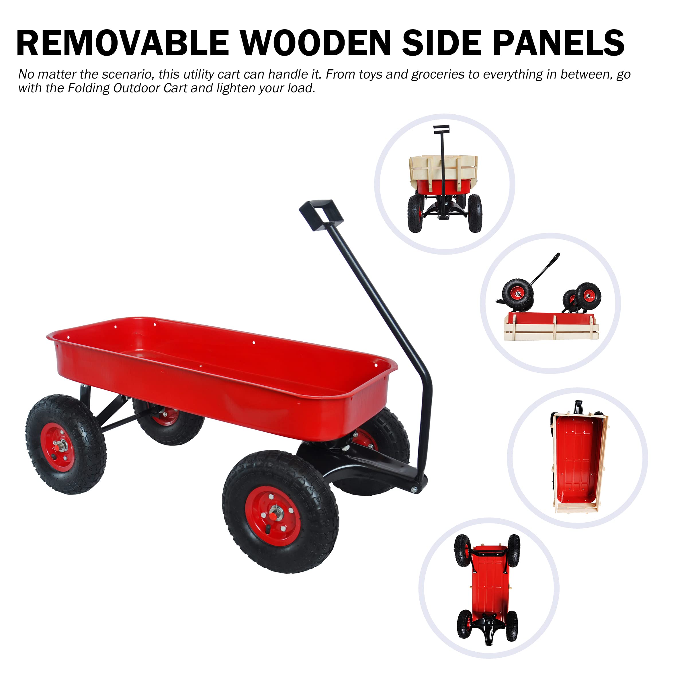 Sanch Ancha Heavy Duty Steel Wooden Side Support Cargo Wagon with 10” All-Terrain Air Tires, Up to 176lb Haul Capacity, Effortless Foldable Handle Cart for Towing Kids Toys, Gardening Supplies (Red)
