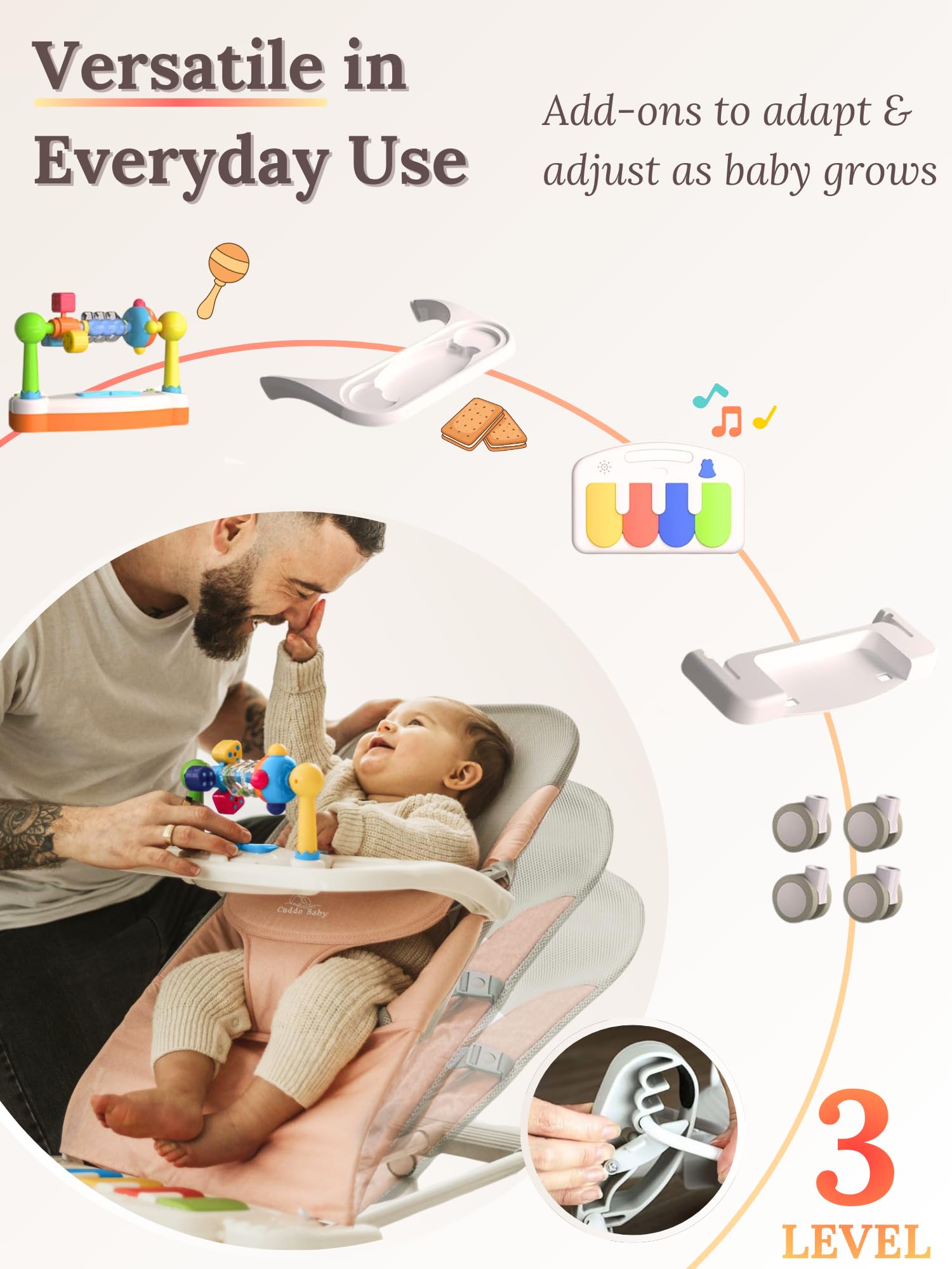 4-in-1 Baby Bouncer with Wheels and Piano Tray