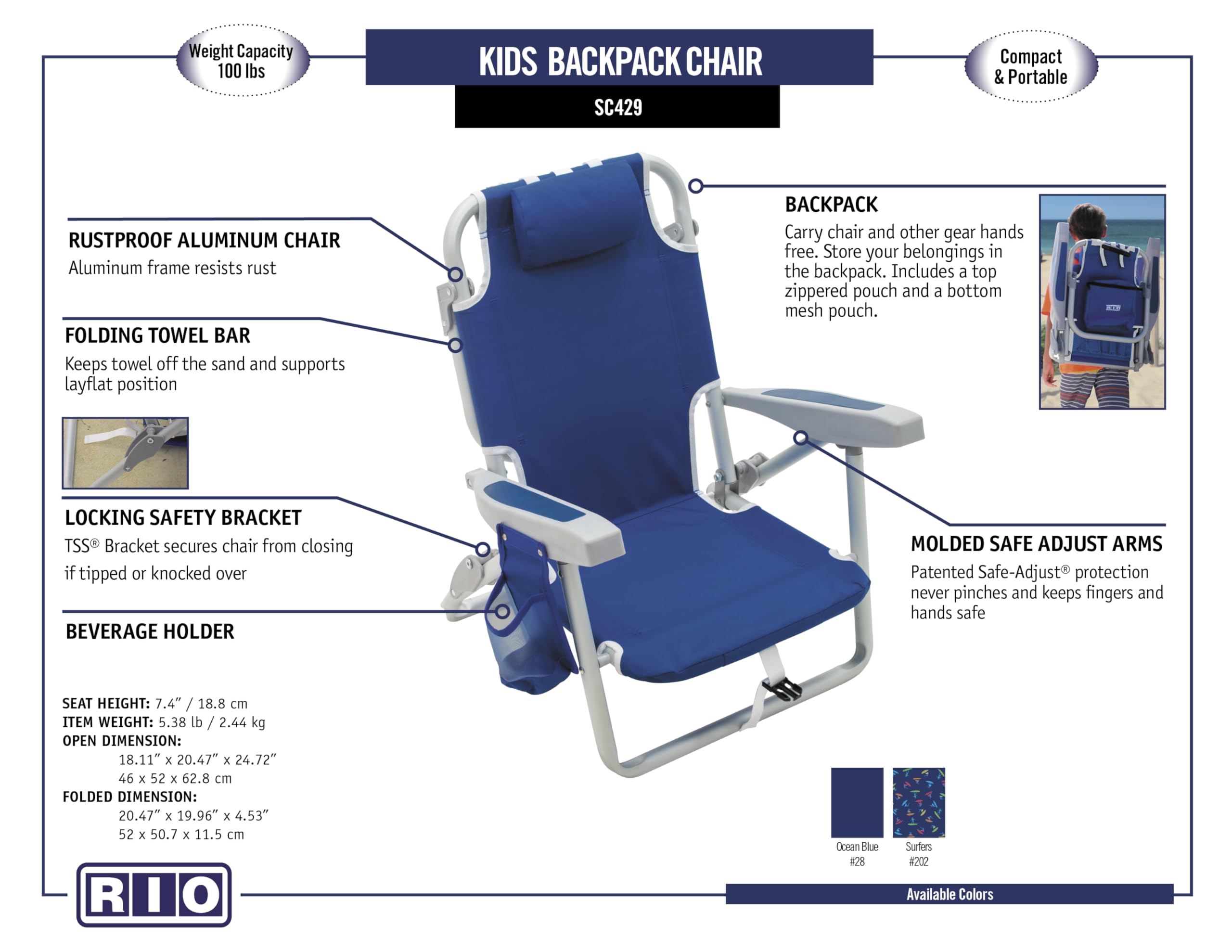 Kids Backpack Beach Chair - 5 Position Reclining Folding Chair