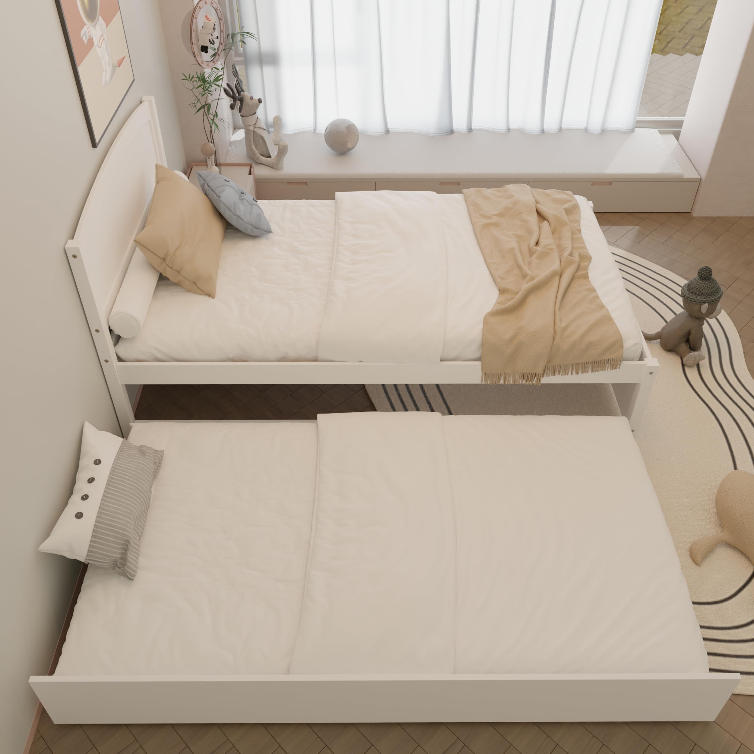 Twin Trundle Bed with Headboard and Wooden Slats
