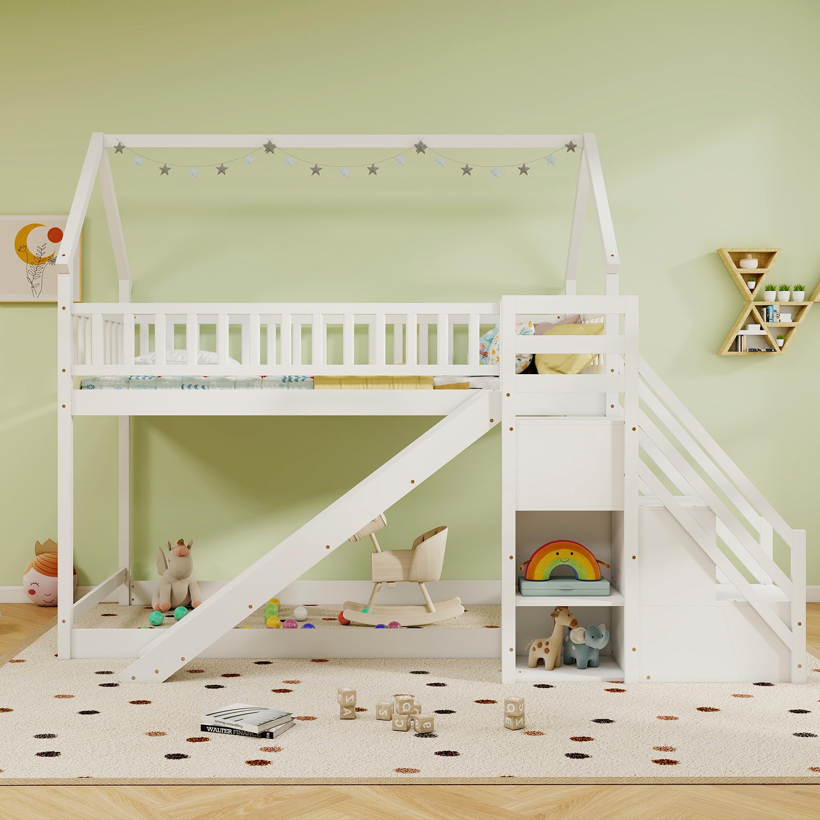 Twin Bunk Bed with Slide and Stairs