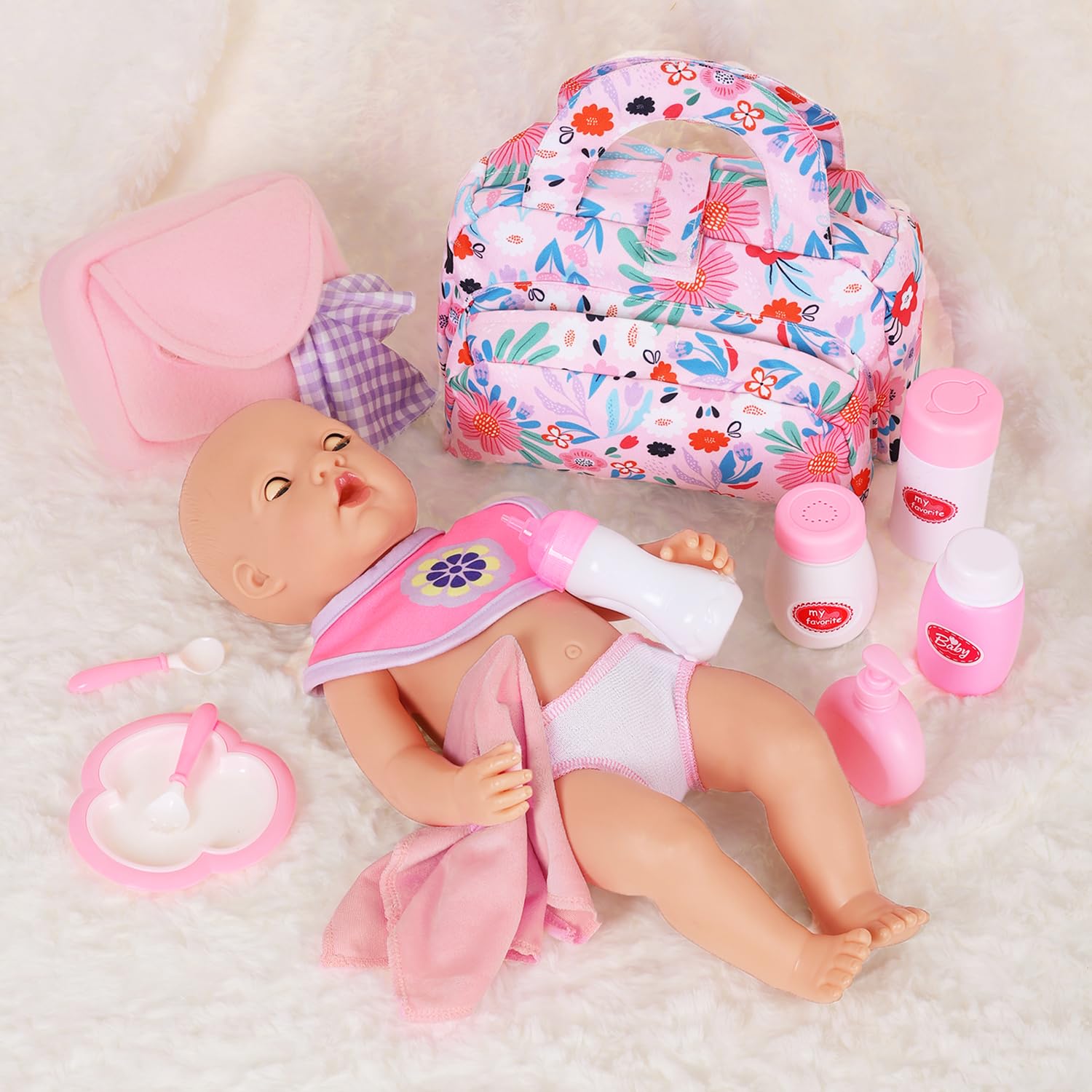 Baby Doll Feeding Set with Portable Bag - 15pcs 12-18 Inch Dolls Accessories Kit