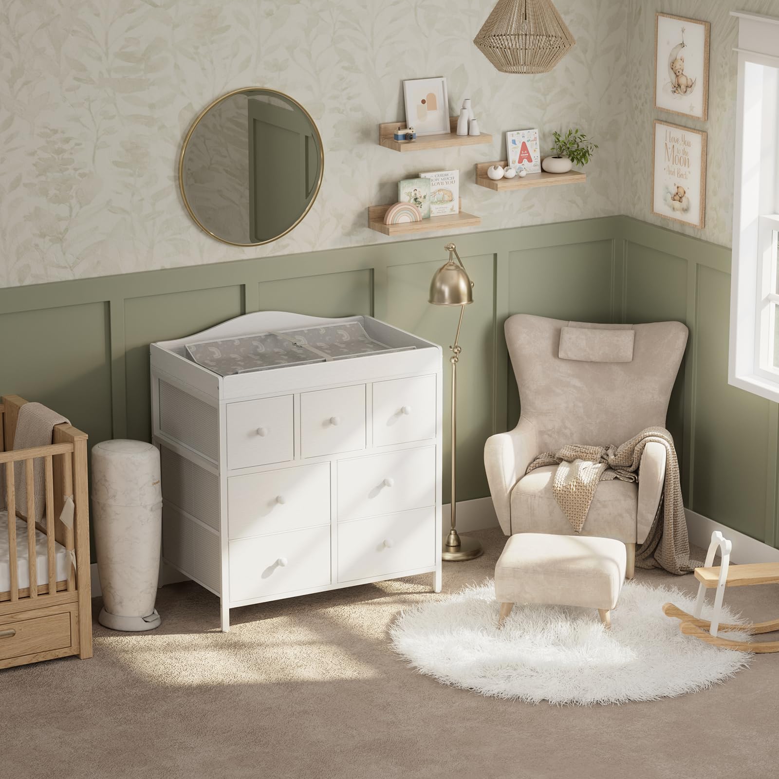 Baby Changing Table Dresser with 7 Fabric Drawers