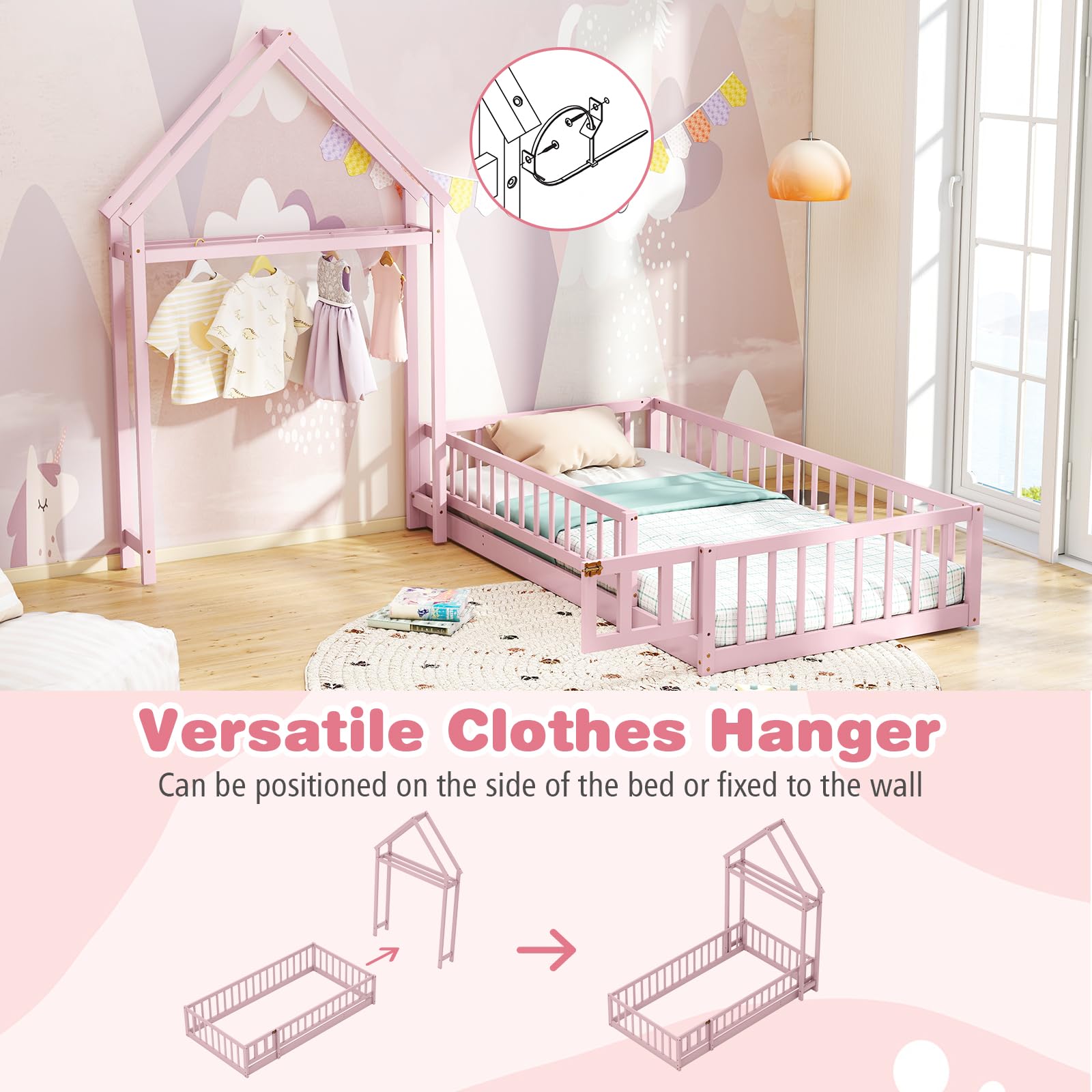 Twin House Floor Bed for Kids with Safety Rails