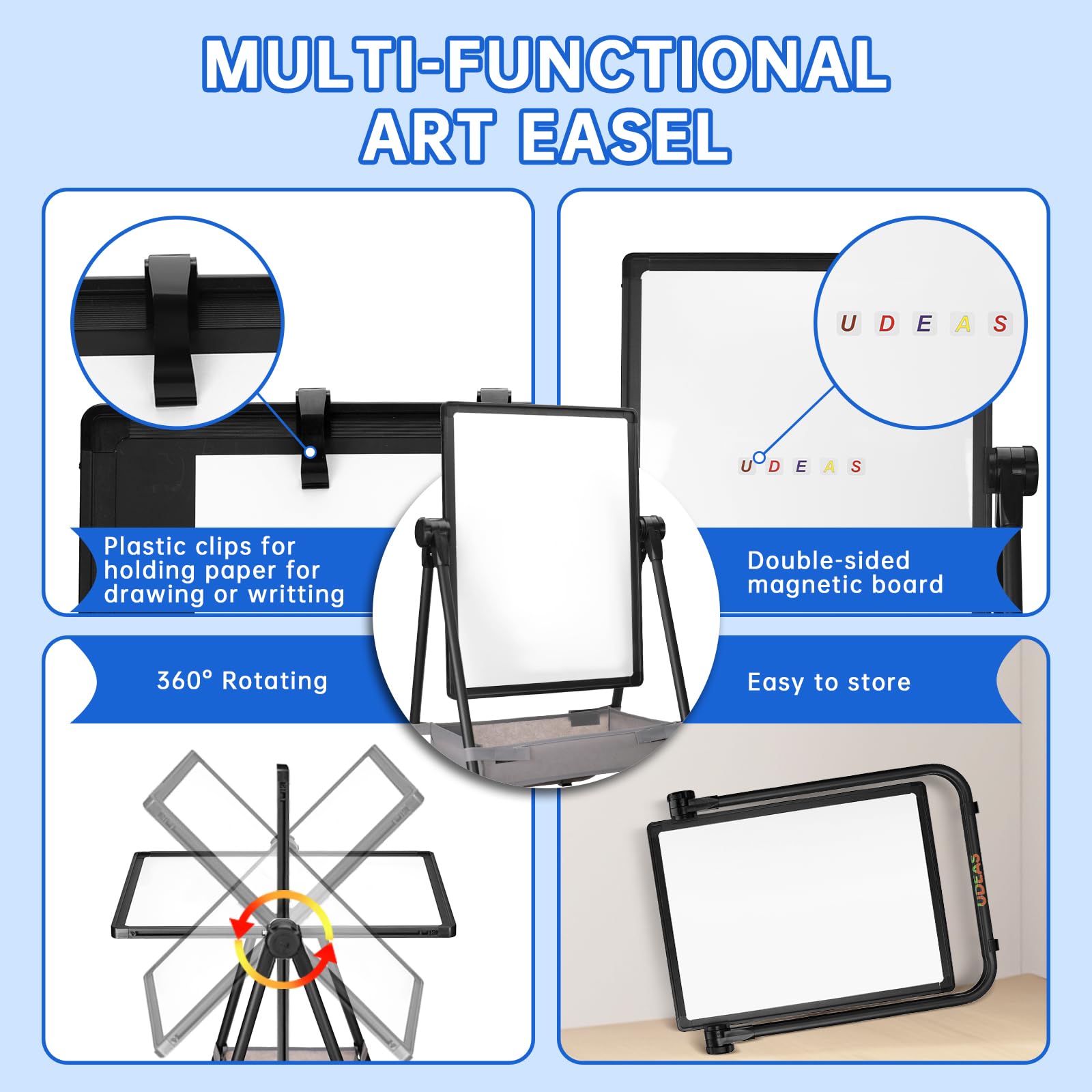 UDEAS Easel for Kids, Adjustable Standing Toddler Easel Magnetic Whiteboard & Chalkboard with 27inch-44inch Height, Double Sided 360°Rotating Kids Art Easel for Toddlers for Boys and Girls 3+