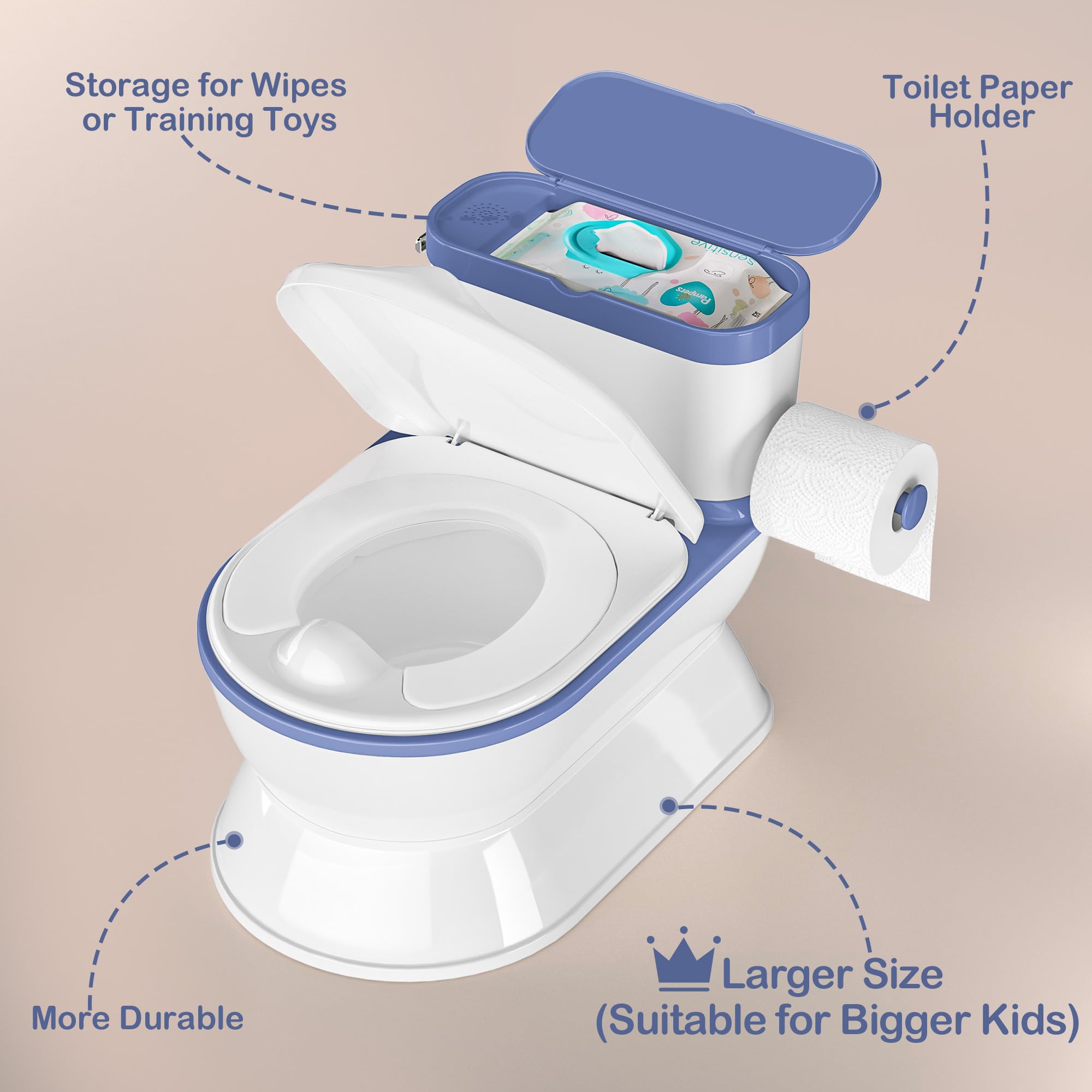 CheerTry 2-in-1 Toddler Potty Training Toilet - Larger Potty Chair & Detachable Training Seat for Boys & Girls Ages 1-3 with Flushing Sound, Wipes Storage, Toilet Paper Holder - Blue