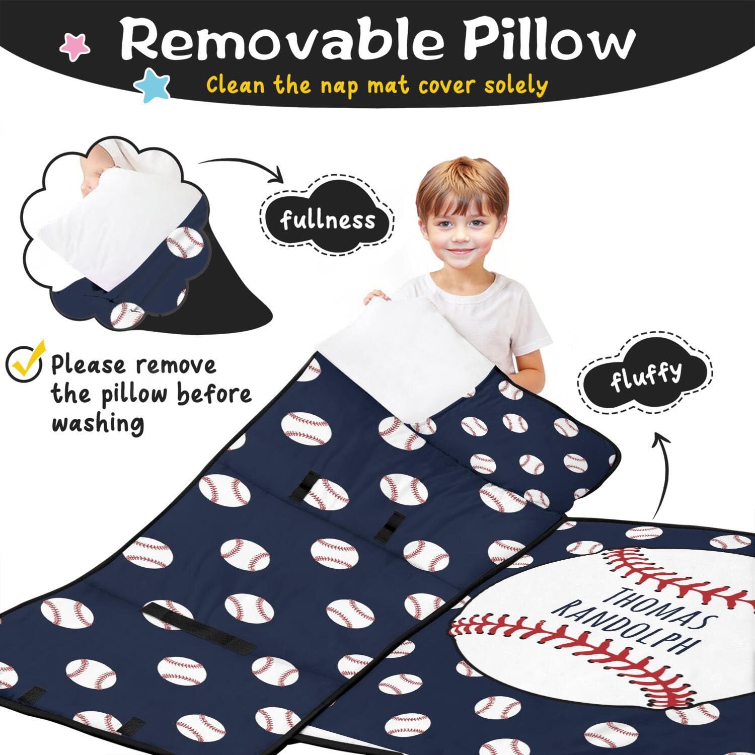 Baseball Toddler Nap Mat for Boys – Custom Name Sleeping Bag with Pillow