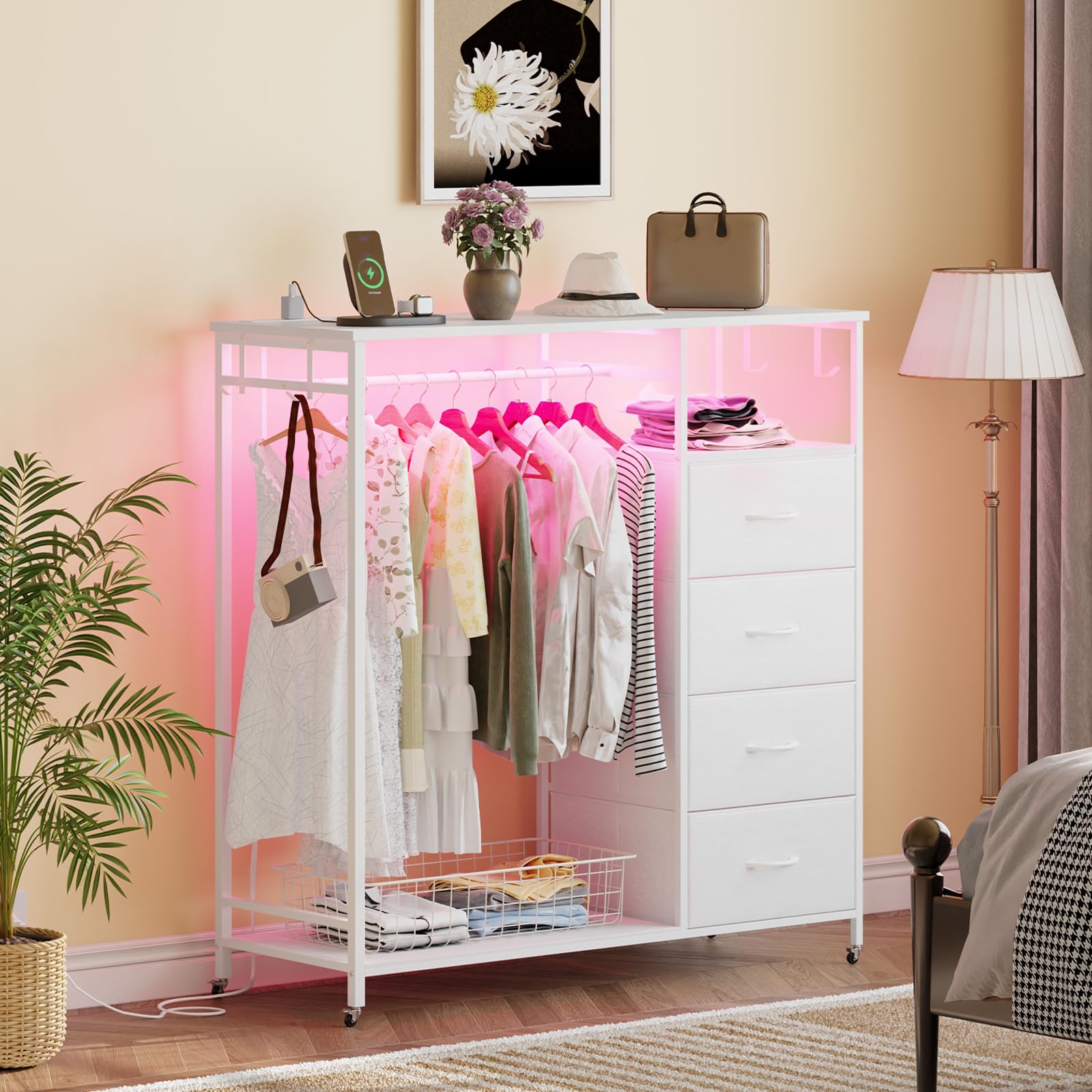 Tall Dresser with Clothes Rack LED Lights and Charging Station