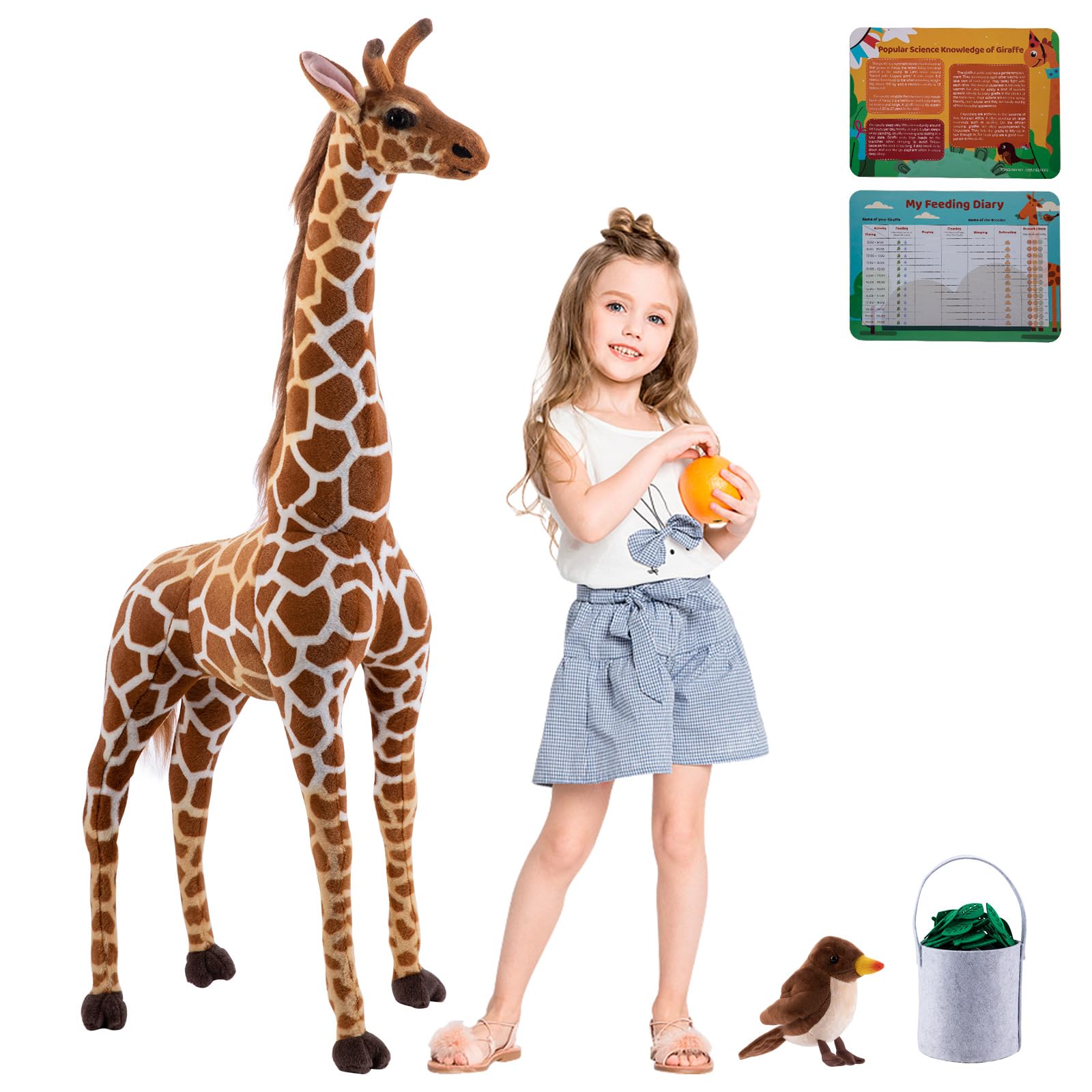 47” Large Giraffe Stuffed Animal Set, Giant Giraffe Plush Toys with Birds, Leaves, Basket