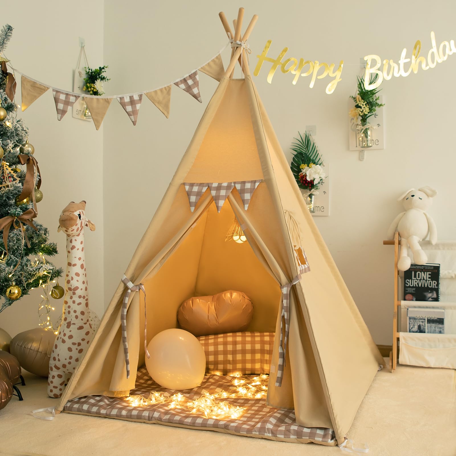 Teepee Tent with Padded Mat Bunting Banner Fairy Lights