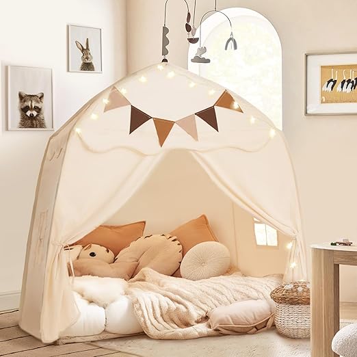 Extra Large Kids Play Tent with Flags & Star Lights, Portable & Foldable Teepee