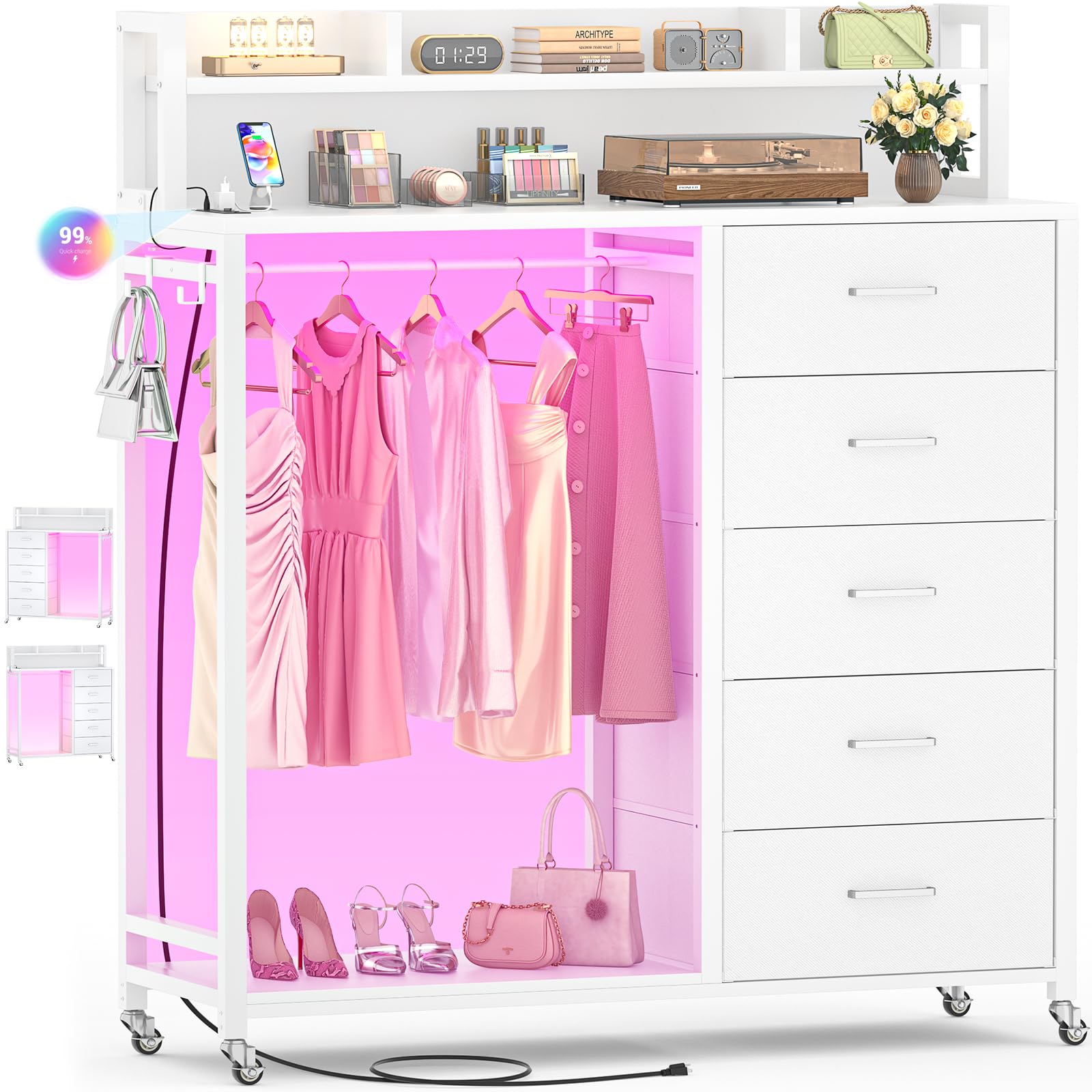 Dresser for Bedroom with Clothes Rack & Shelves, 5 Fabric Drawers Dresser