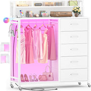 Dresser for Bedroom with Clothes Rack & Shelves, 5 Fabric Drawers Dresser