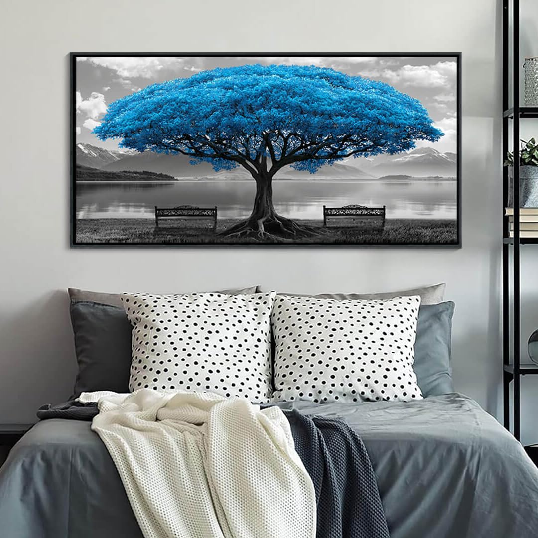 Blue Tree Framed Canvas Wall Art Large Living Room Bedroom Decor