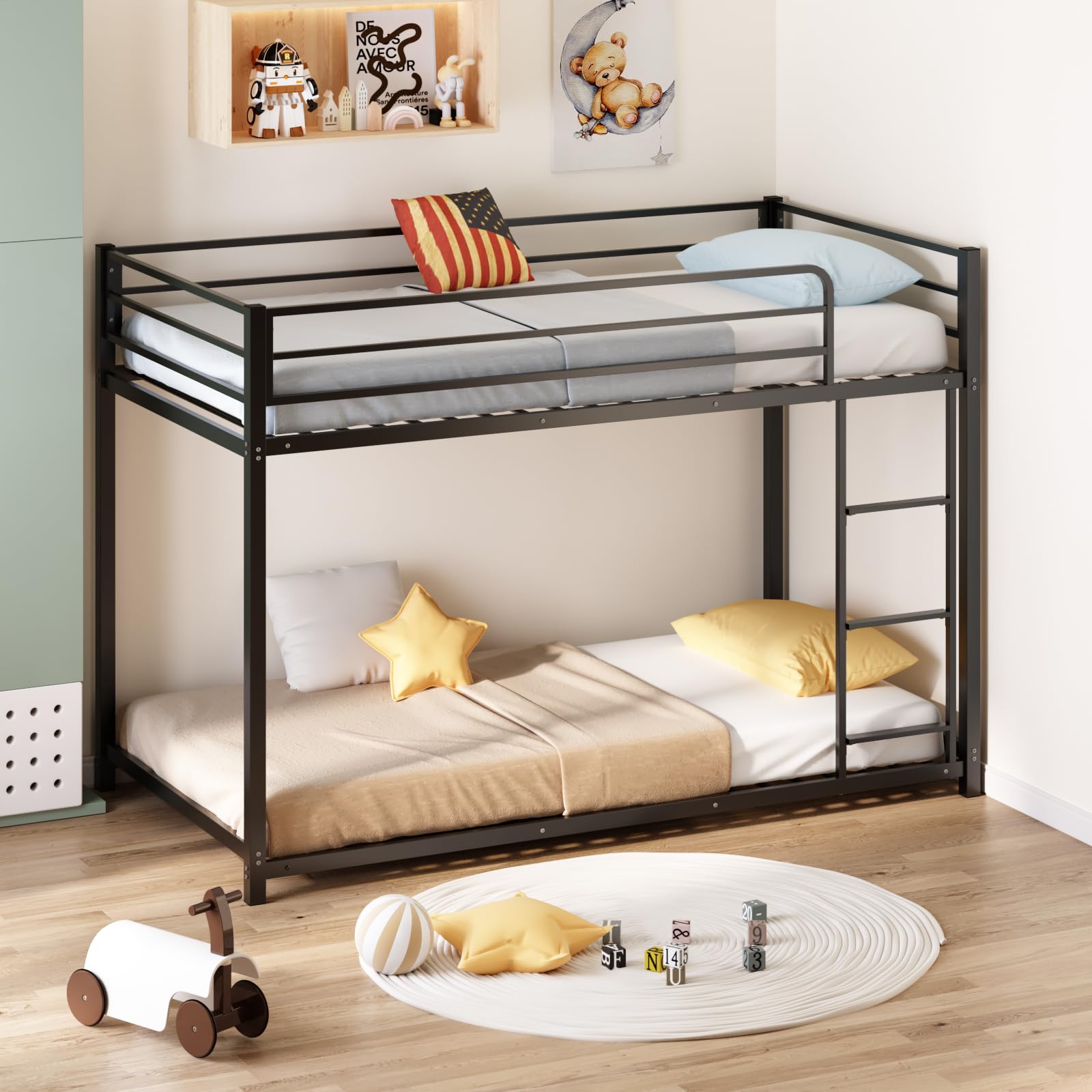 Bunk Bed Twin Over Twin, Metal Twin Size Bed Frame with Safety Guardraild