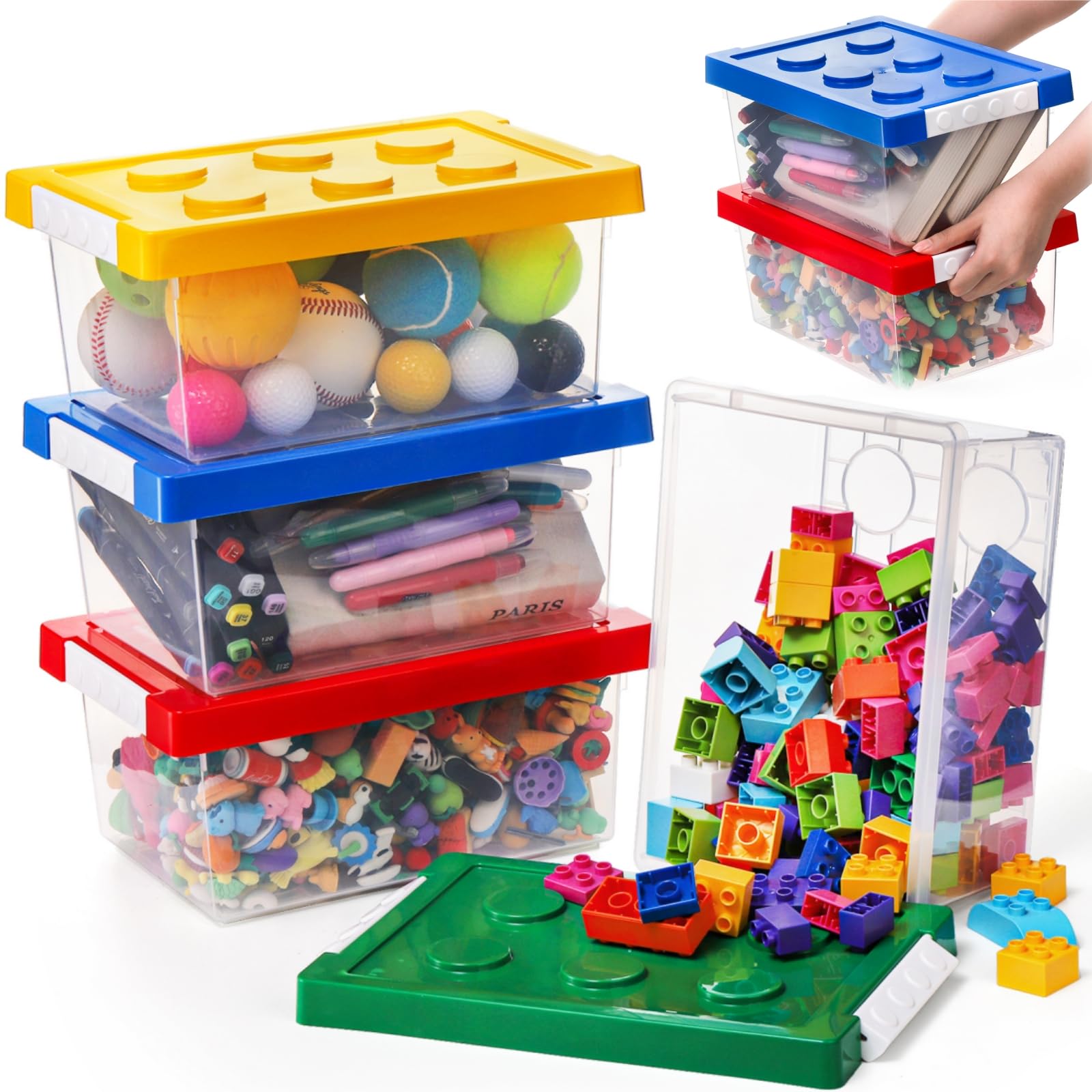 6QT Stackable Toy Storage Containers with Lids - 4 Pack Brick Shaped Organizer Bins