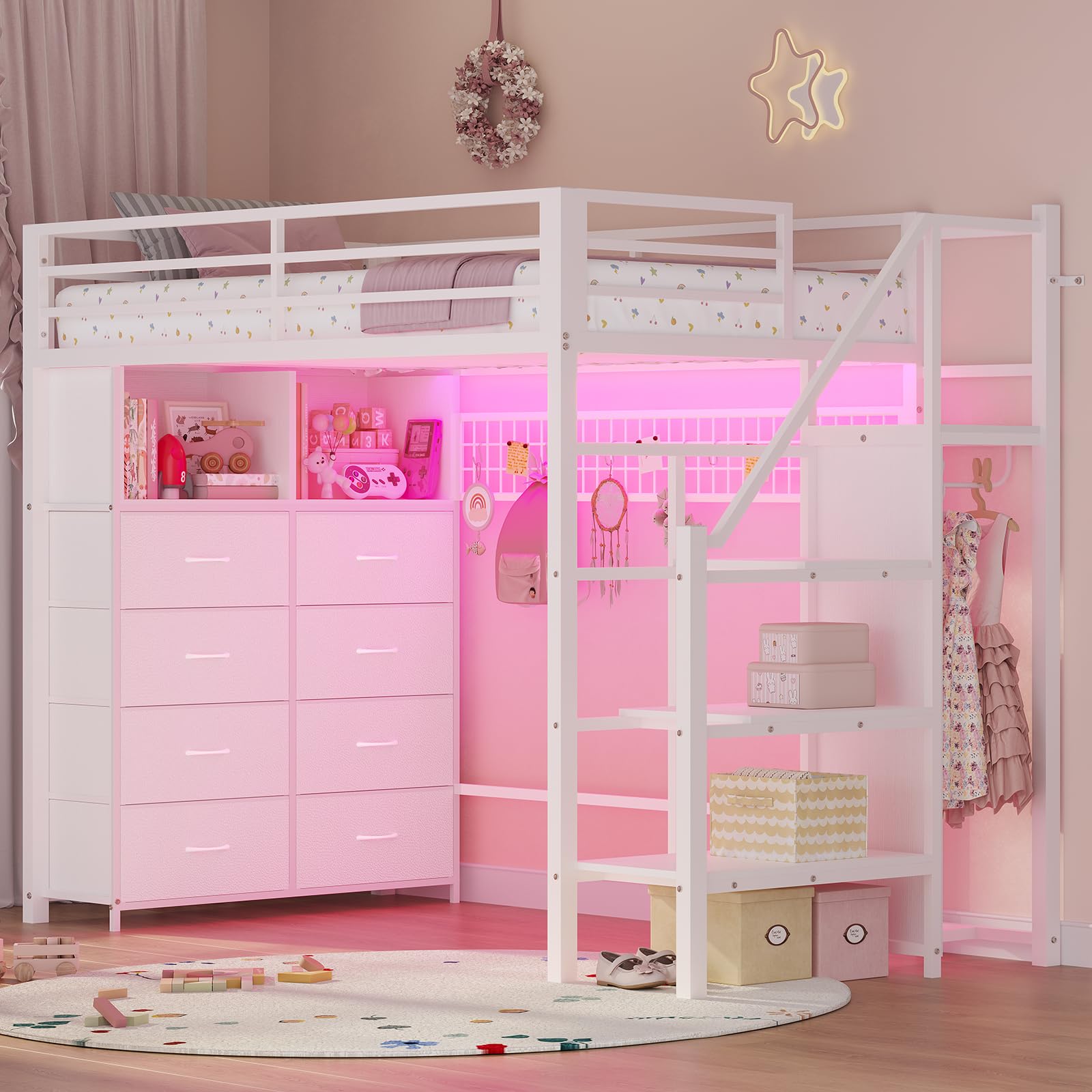 Twin Metal Loft Bed with Storage Stairs and LED Lights