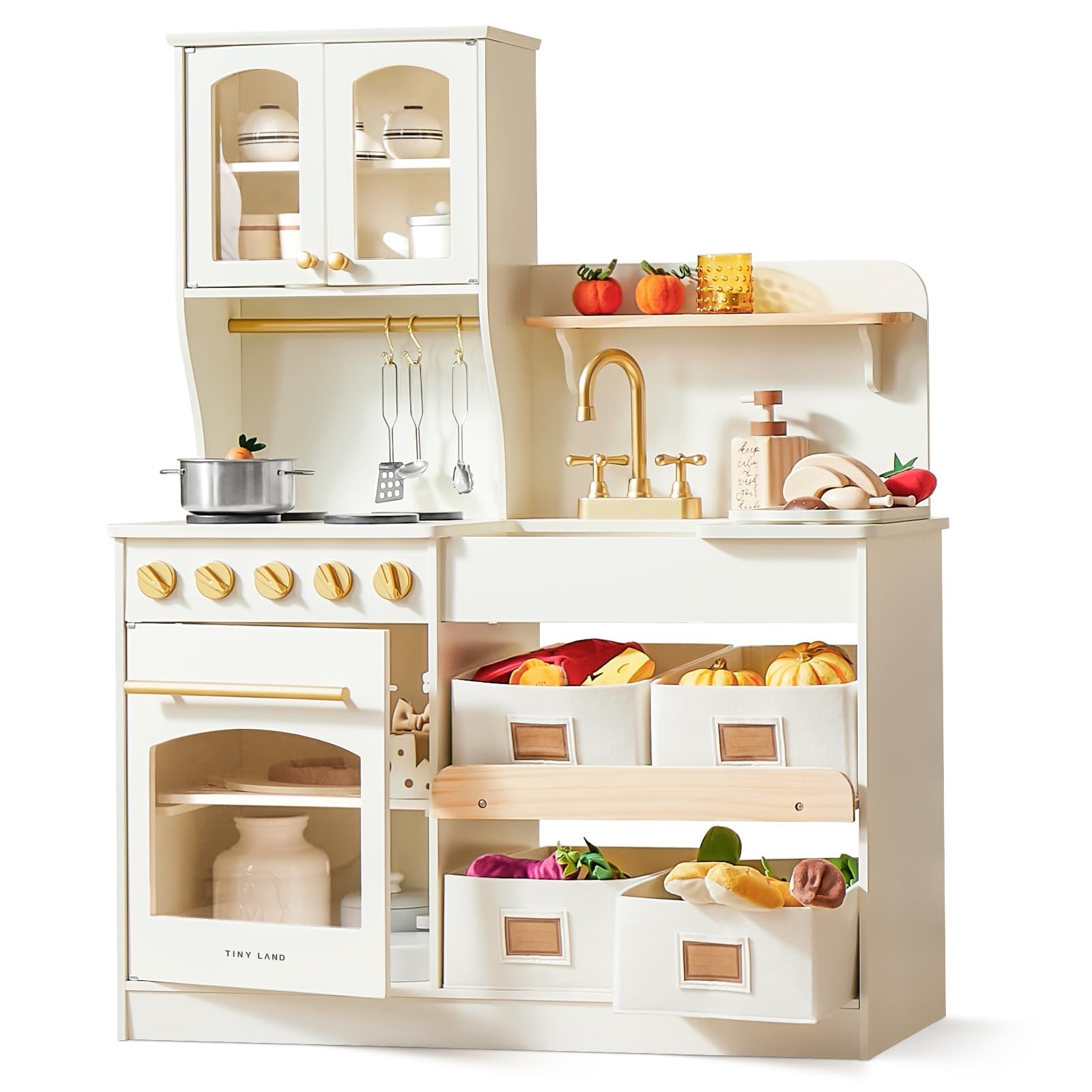 Tiny Land Play Kitchen for Kids with Storage System, Toy Kitchen Set with Plenty of Play Features Gift for Ages 3+