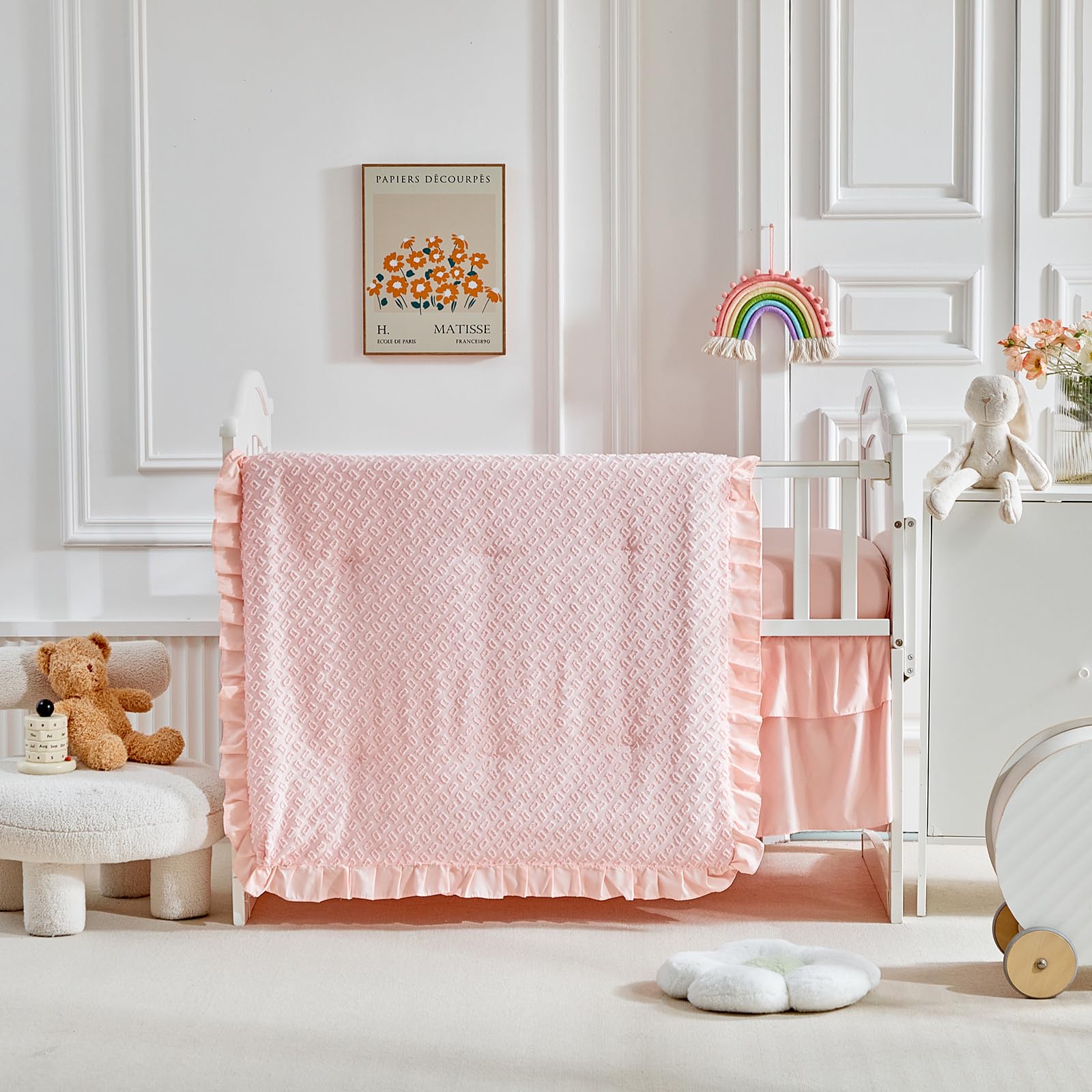 3 Pieces Tufted Crib Bedding Set with Ruffle Fringe, Pink Ruffled Comforter with Fitted Sheet and Bed Skirt, Soft and Embroidery Shabby Chic Boho Bohemian Jacquard Design for Baby Girls Boys