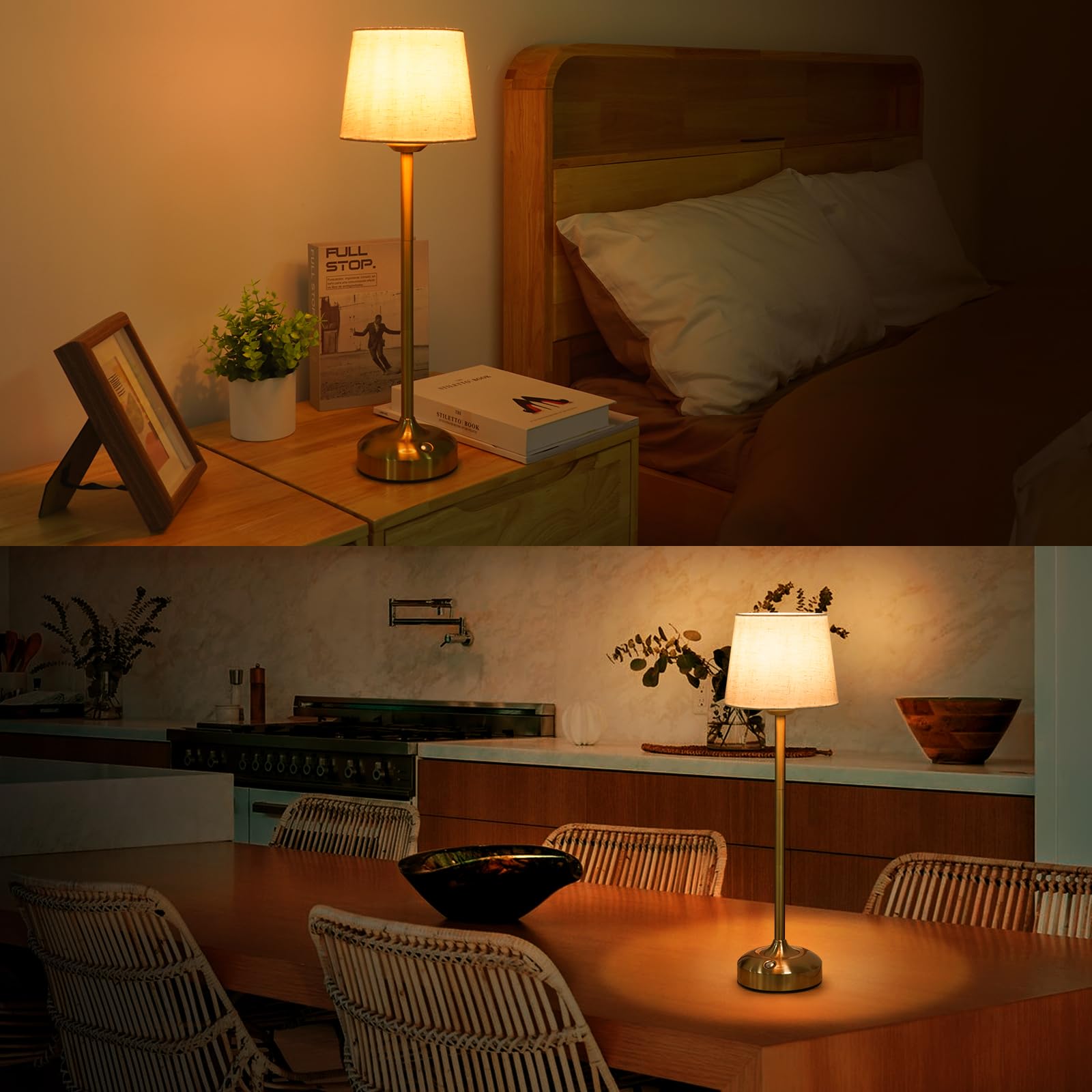 YAYZA! Cordless Table Lamp Adjustable Height Desk lamp, Fabric Shade 7500mAh Rechargeable LED Wireless Touch Night Light Stepless Dimming, 3 Color Temperatures with Edison Bulb (High Gold - 1 Pack)