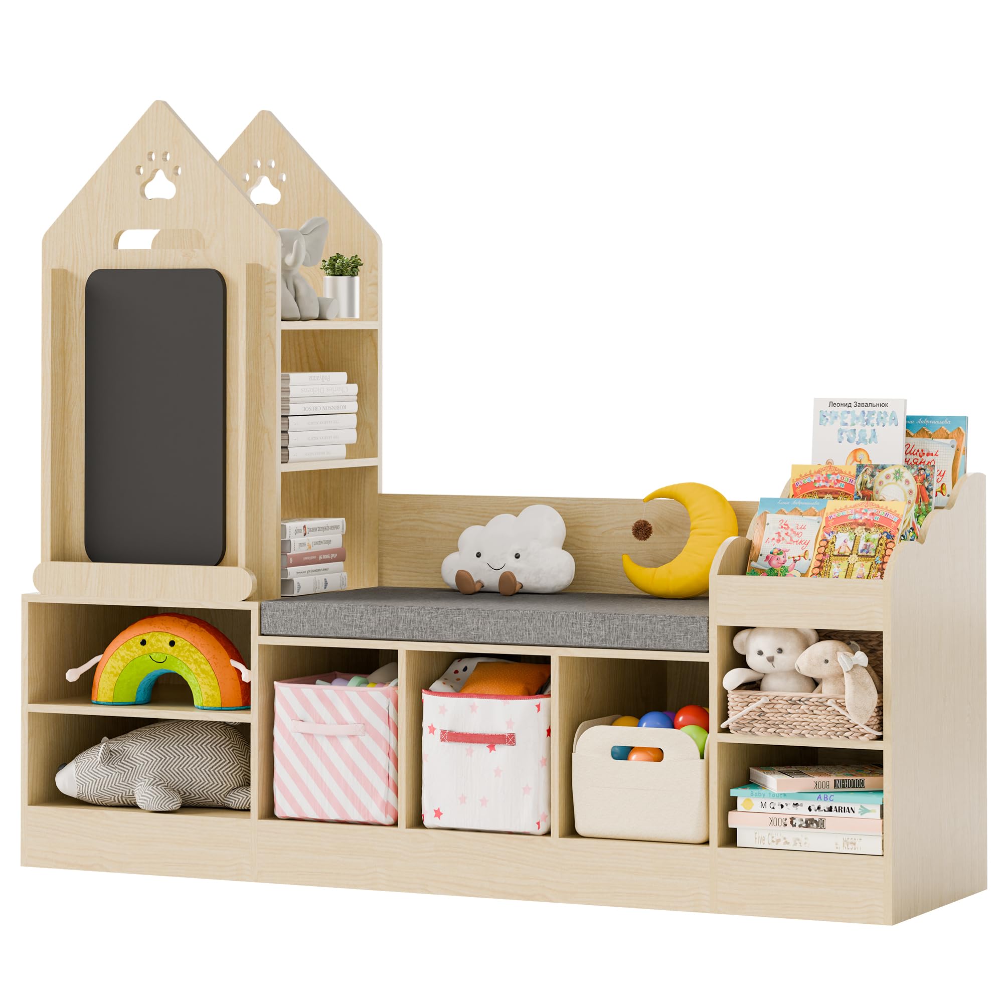 Kids Bookshelf with Reading Nook, Wooden Toy Storage Organizer