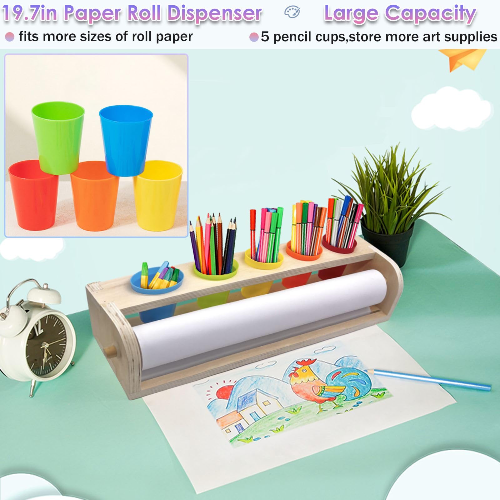 Table Top Paper Roll Dispenser with Paper 17.3inx82ft Wooden Tabletop Easel Art Paper Roll for Kids Craft Paper Holder with Pencil and Cups for Coloring Drawing