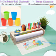 Table Top Paper Roll Dispenser with Paper 17.3inx82ft Wooden Tabletop Easel Art Paper Roll for Kids Craft Paper Holder with Pencil and Cups for Coloring Drawing
