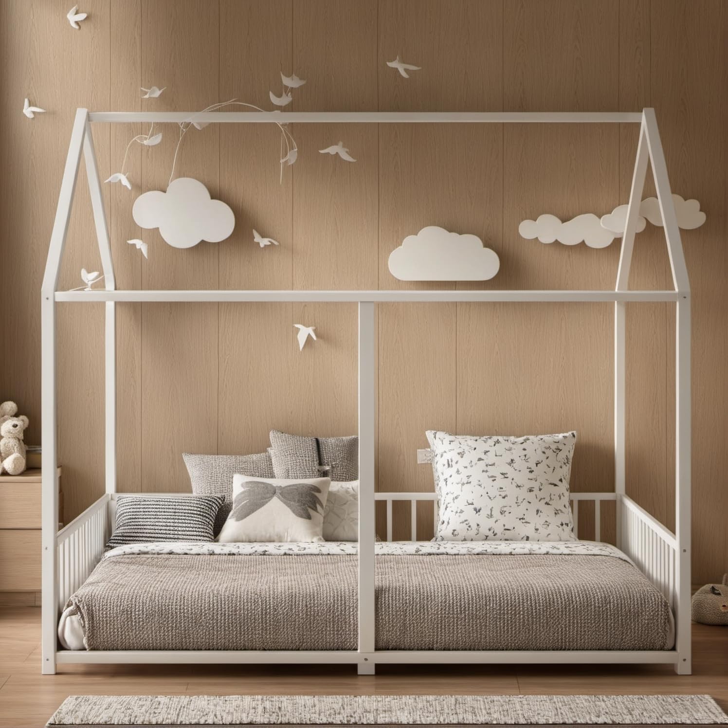 Double Montessori Floor Bed with Fence & Roof for Two Kids Teens Boys Girls