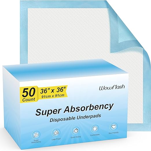 50 Count 30” x 36” Super Absorbency Disposable Underpads, Leakproof Quick Drying