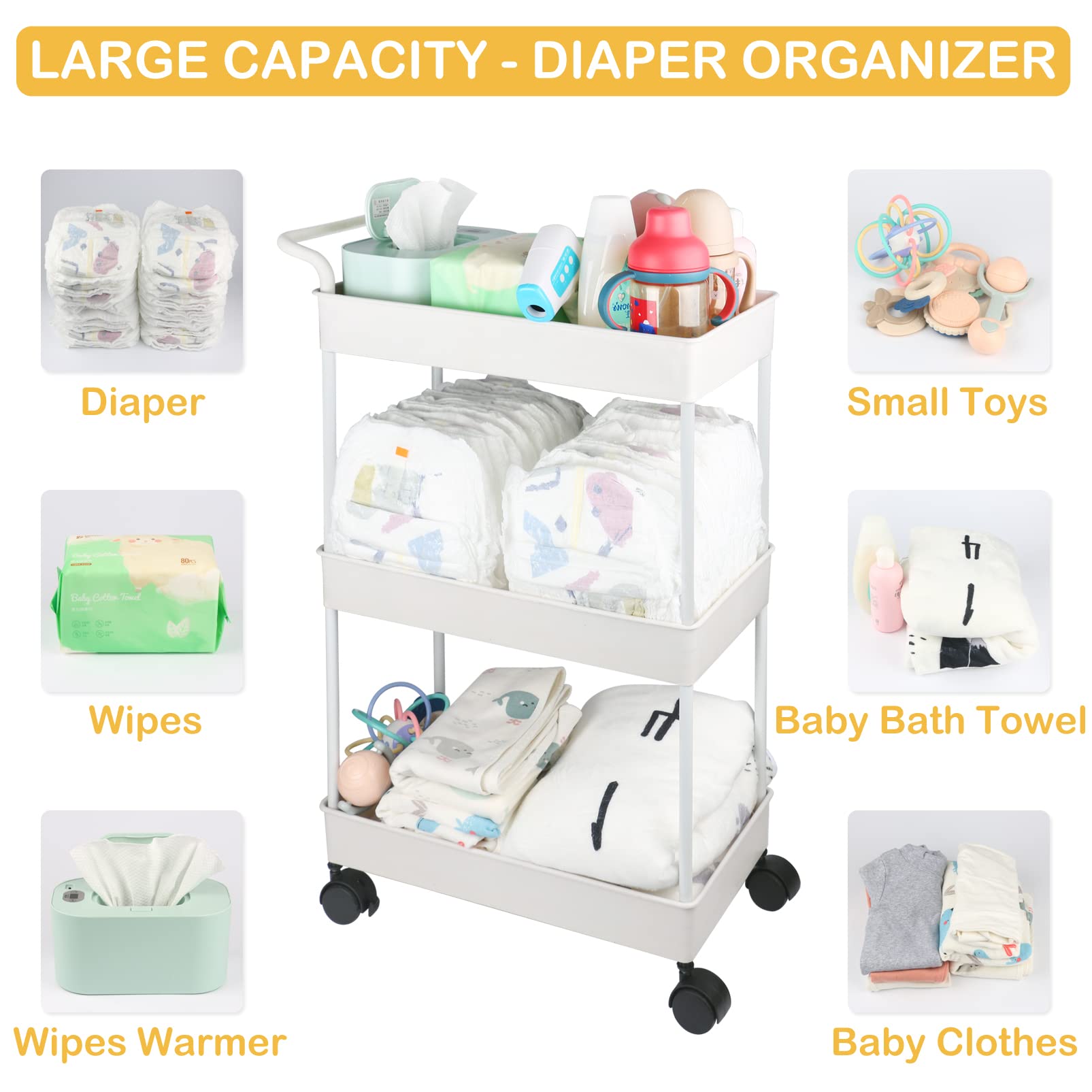 3-Tier Rolling Baby Diaper Caddy Organizer with Wheels