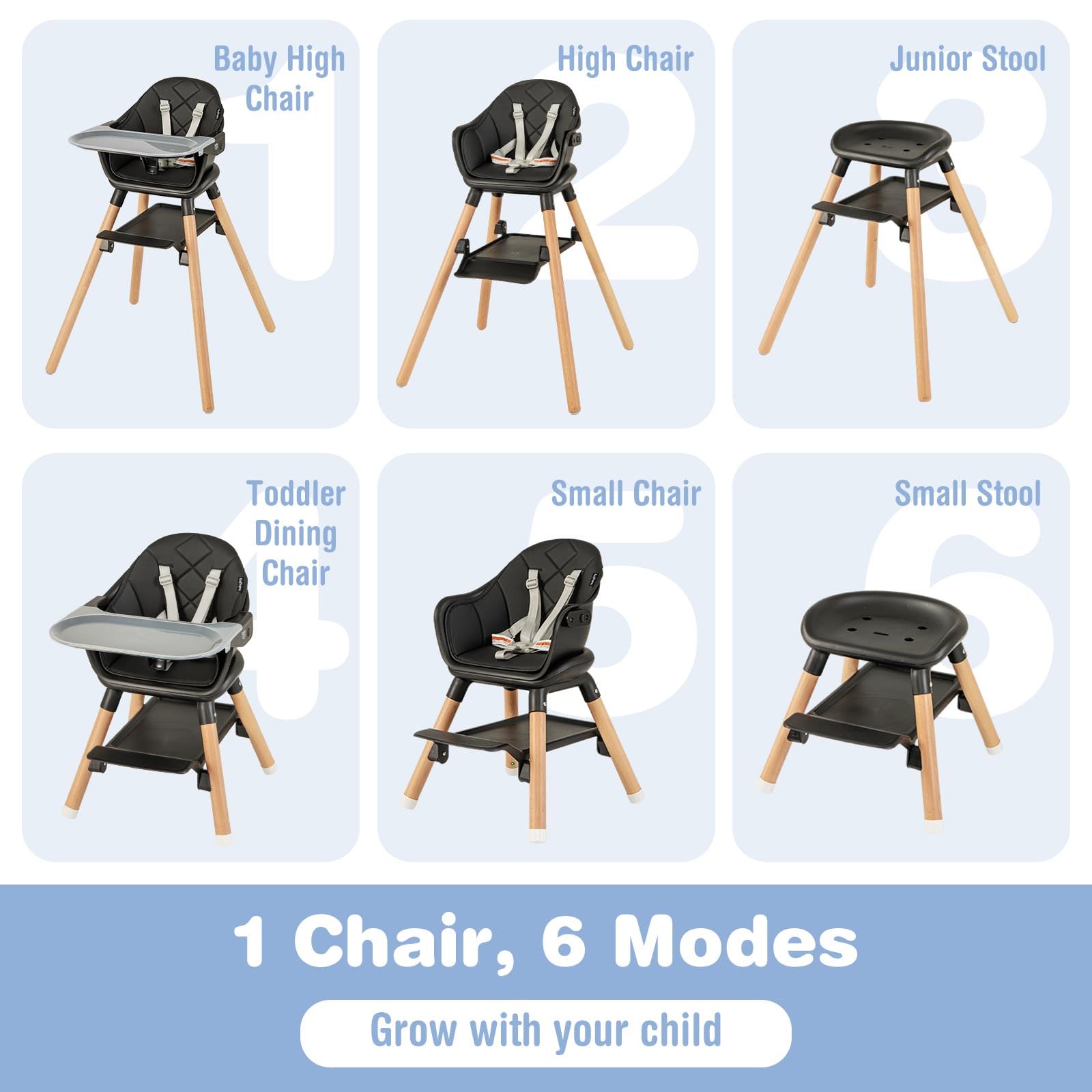 6-in-1 Convertible Wooden High Chair for Babies and Toddlers