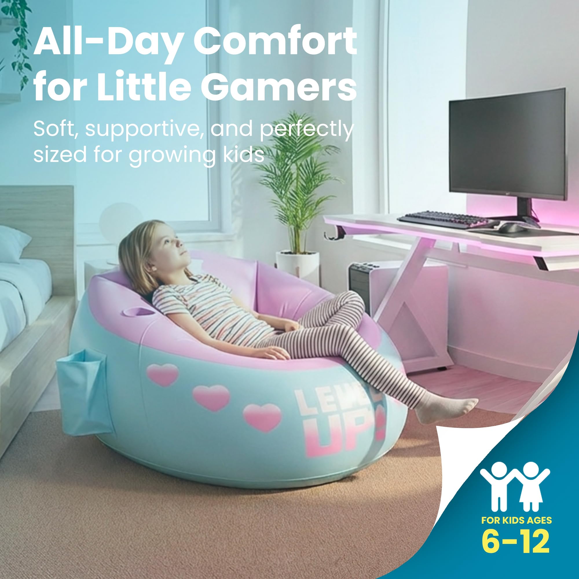 Inflatable Gaming Chair for Kids with Cup Holder and Storage Pockets