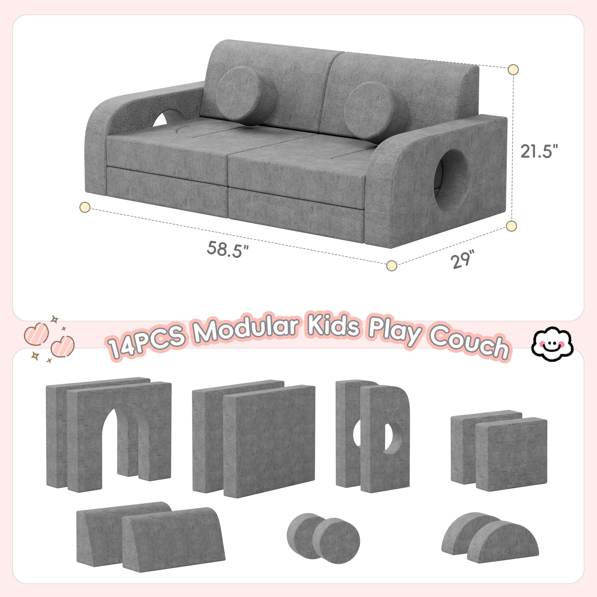 14-Piece Modular Kids Play Couch with Washable Covers