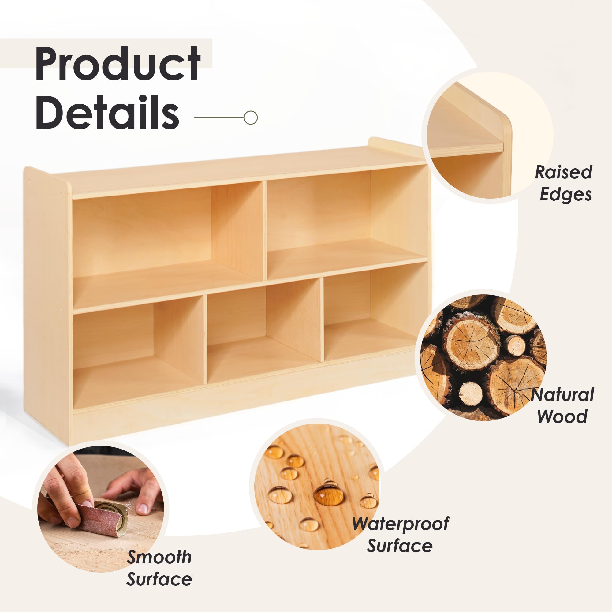 Wooden Montessori Toy Storage Shelf with 5 Open Sections for Kids