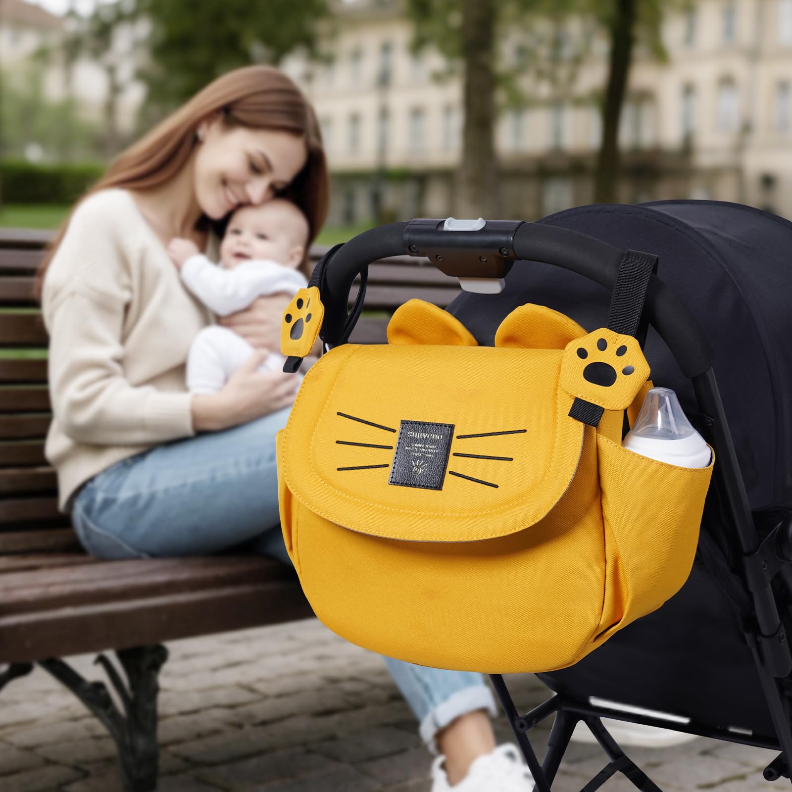 Universal Stroller Organizer with Cup Holder and Shoulder Strap, Cute Cartoon Cat Design