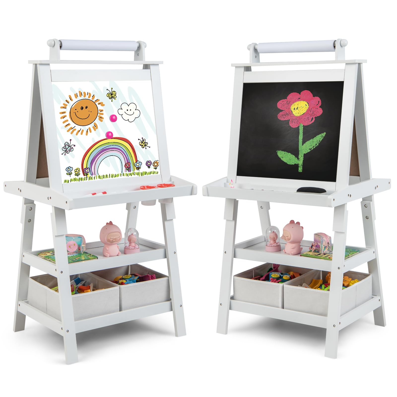 Costzon Kids Art Easel, 3 in 1 Double-Sided Painting Easel w/Magnetic Whiteboard, Chalkboard & Paper Roll, 2-Tier Storage Rack & 2 Boxes, Standing Easel for Kids, Toddlers, Gift for Boys, Girls