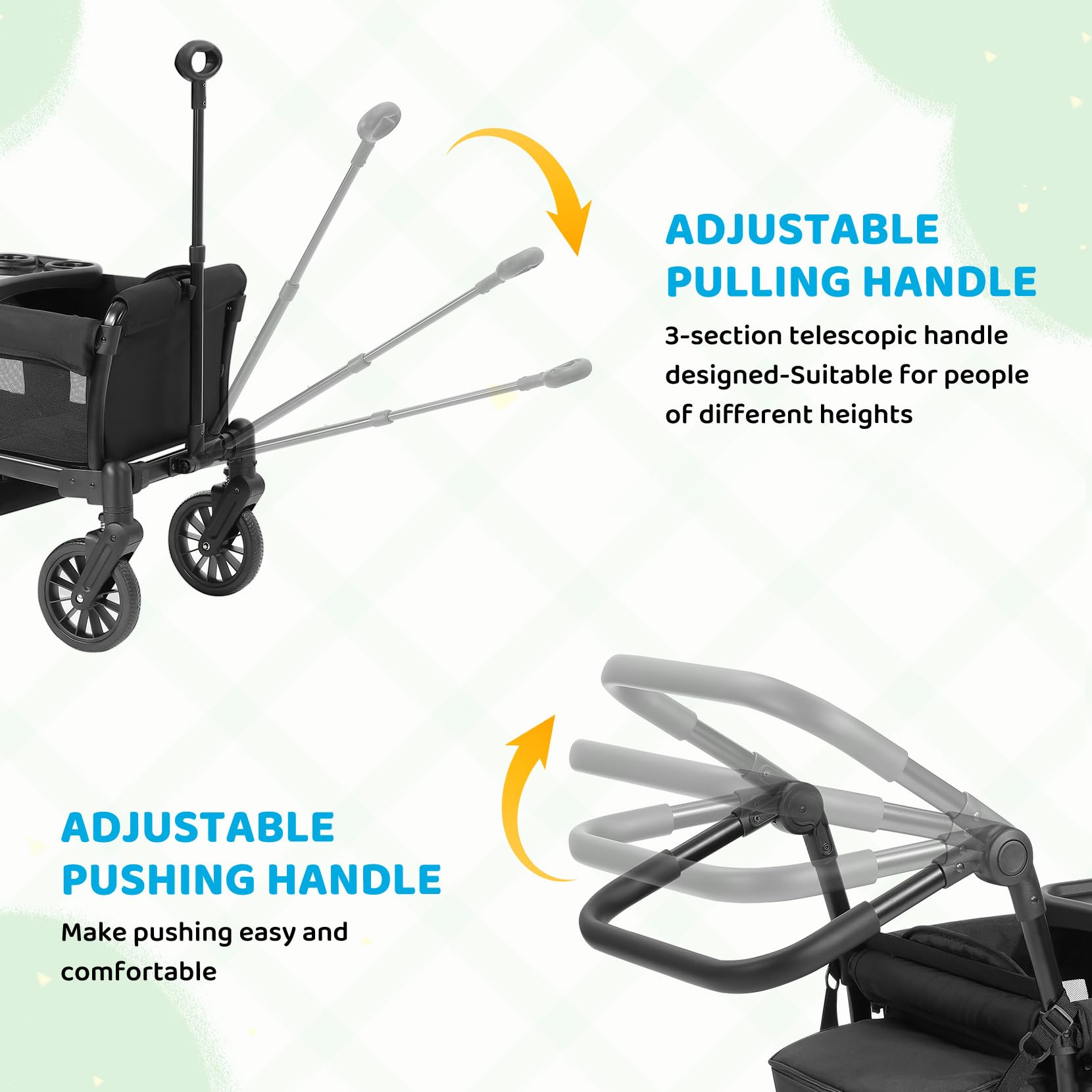 ELEMARA Wagon Stroller for 2 Kids, Premium All-Terrain Stroller with Canopy, Adjustable Push/Pull Handle Bar, Comfortable drop-down footwell and Upholstered Seats, Black