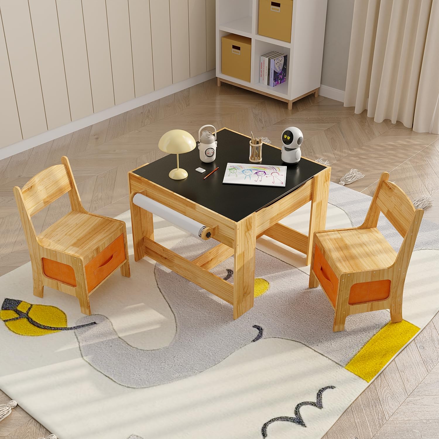 Solid Wood Kids Table and Chair Set with Storage