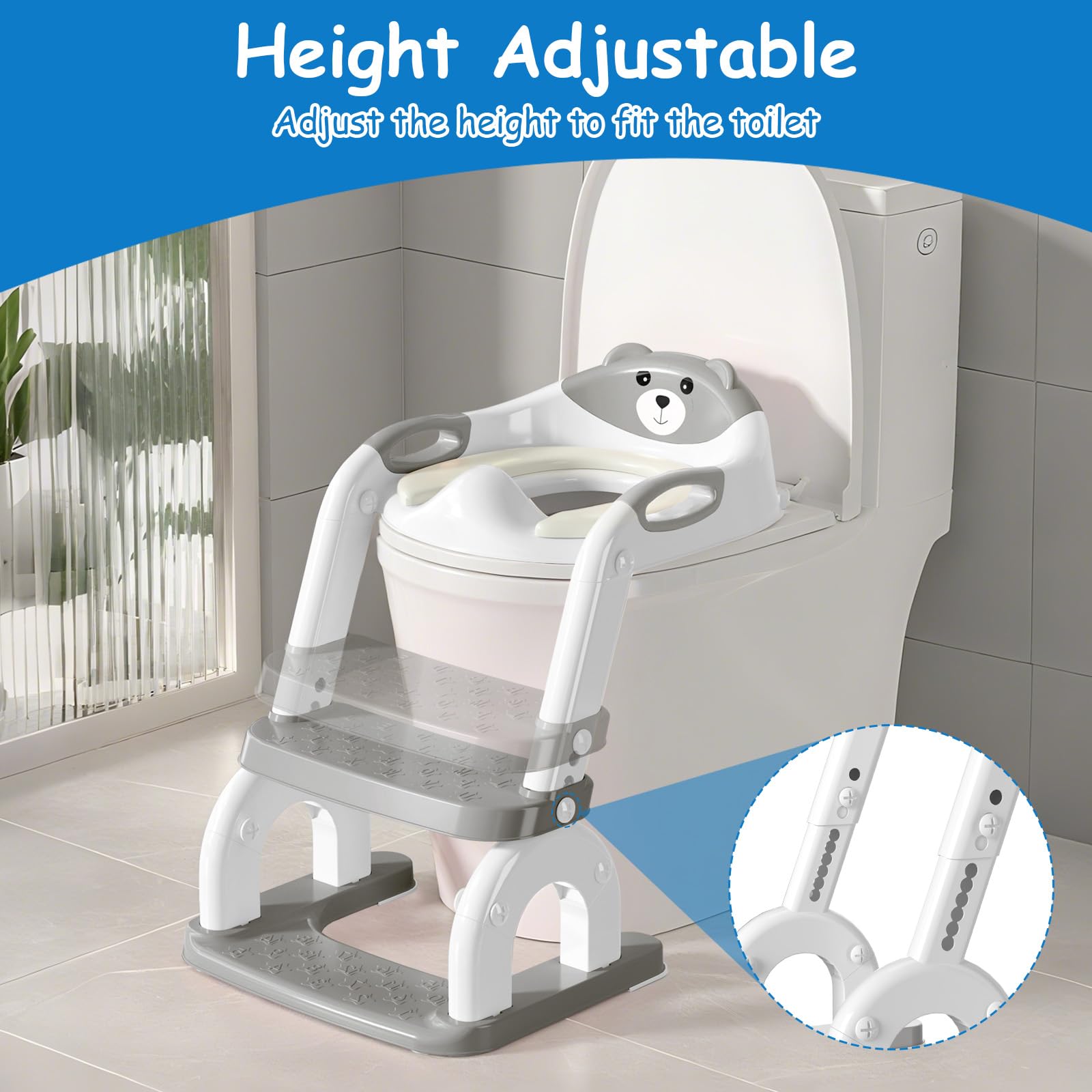 kimitimi Potty Training Seat with Step Stool for Toddlers - Upgrade 2-in-1 Toilet Seat Toilet Ladder for Kids Children Boys Girls, Anti-Slip Pad & Adjustable Height with Waterproof - Grey