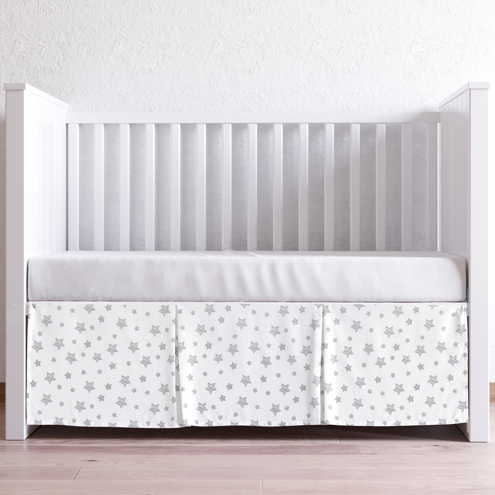 Crib Skirt Boy Girl Pleated Dust Ruffle Machine Washable, 14" Drop, Toddler Crib Bed Skirt White with Grey Star, Microfiber Nursery Standard Crib Bedding Skirt