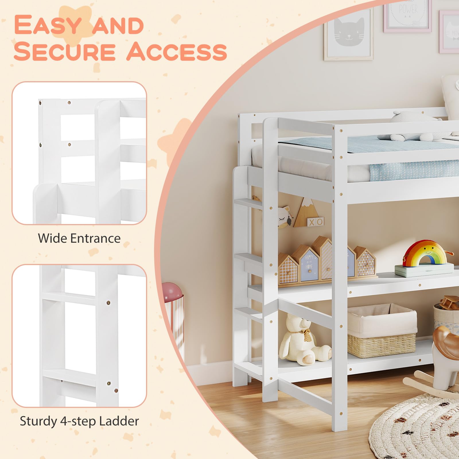 Twin Low Loft Bed with Storage Shelves and Ladder