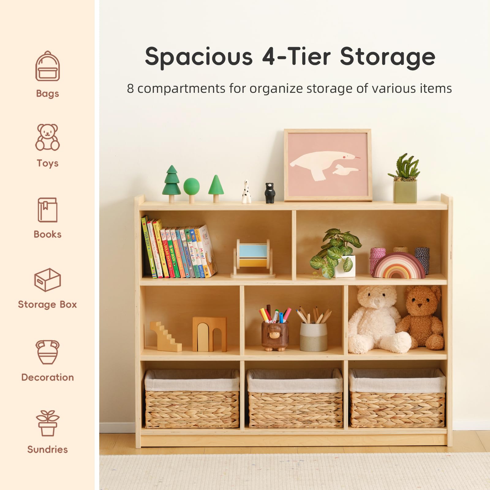 3-Tier Montessori Toy Storage Shelf with 8 Cubbies