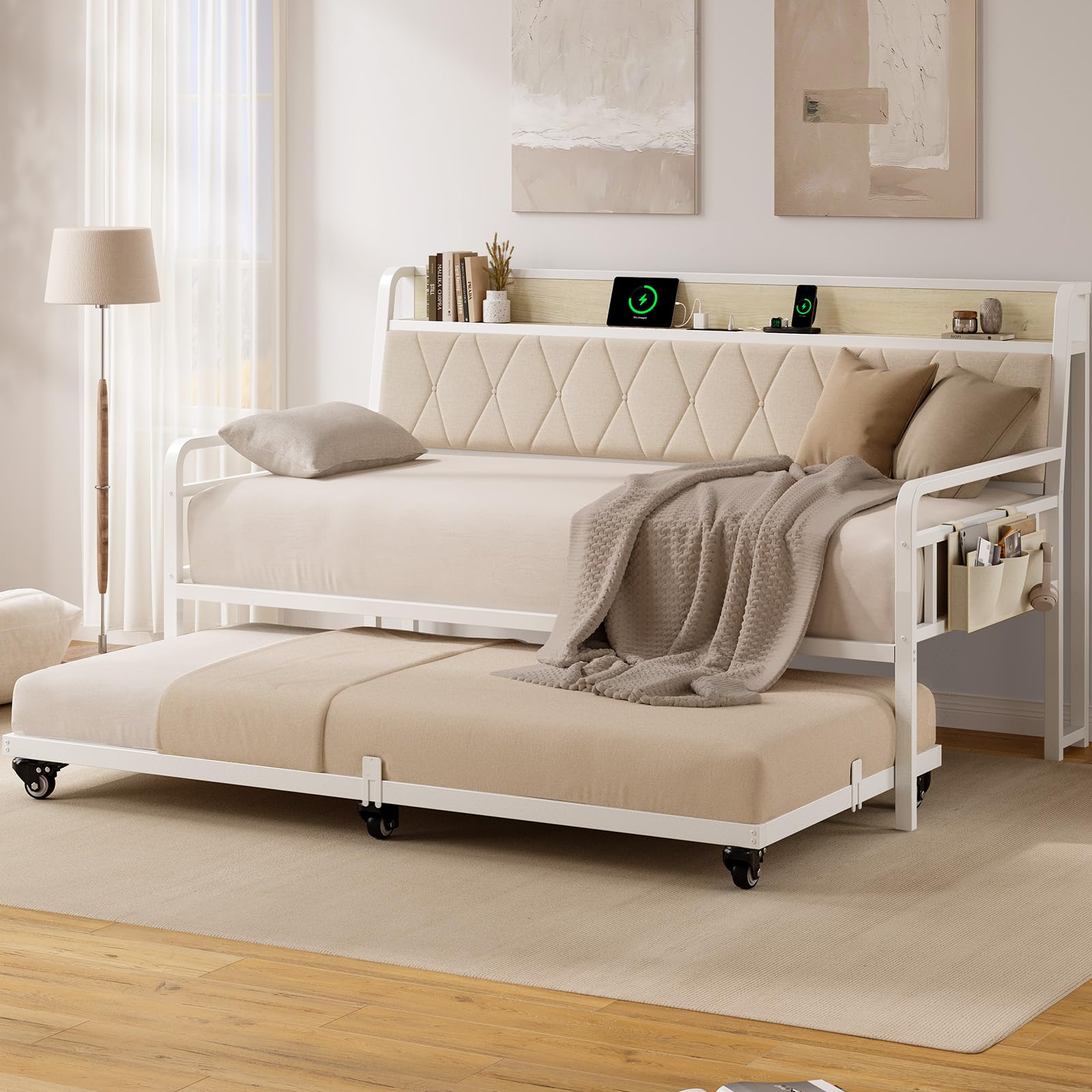 ONBRILL Twin Daybed with Trundle, Metal Day Bed Frame with Ergonomic Upholstered Headboard & Charging Station, Sofa Bed with Twin Trundle for Living Room, Bedroom, playroom, and Guest Room, White