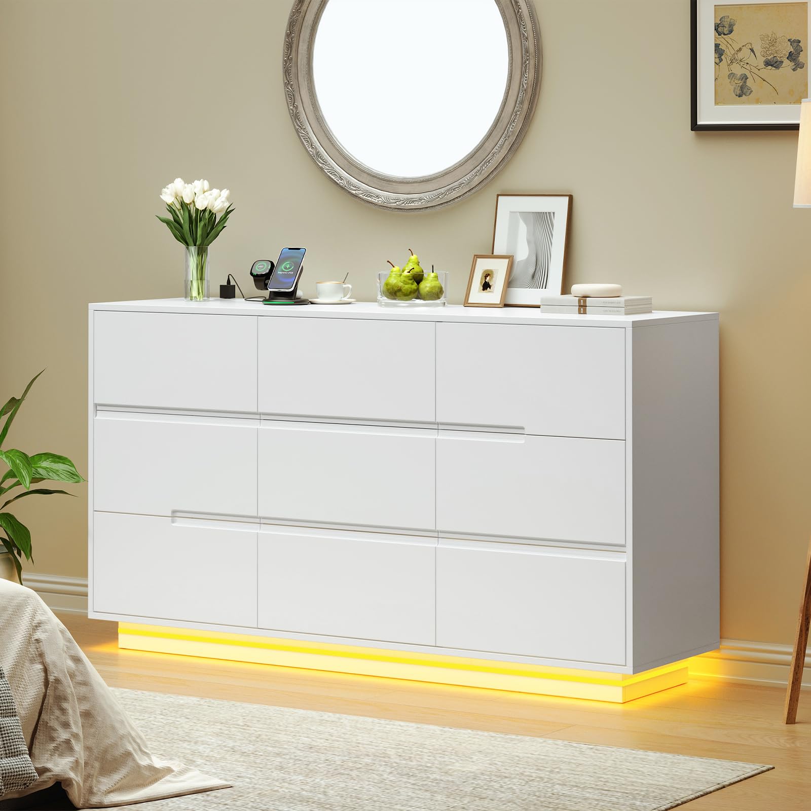 9 Drawer White Dresser with Charging Station and LED Lights
