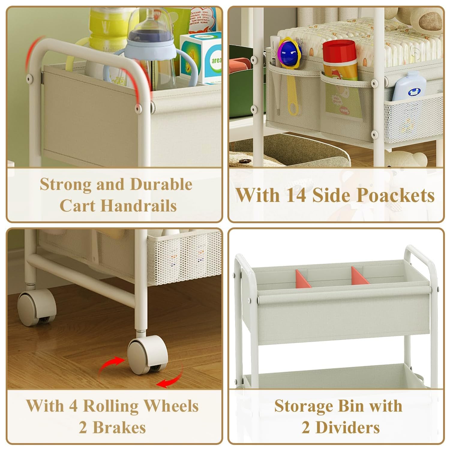3-Tier Baby Diaper Caddy Cart Organizer with Wheels