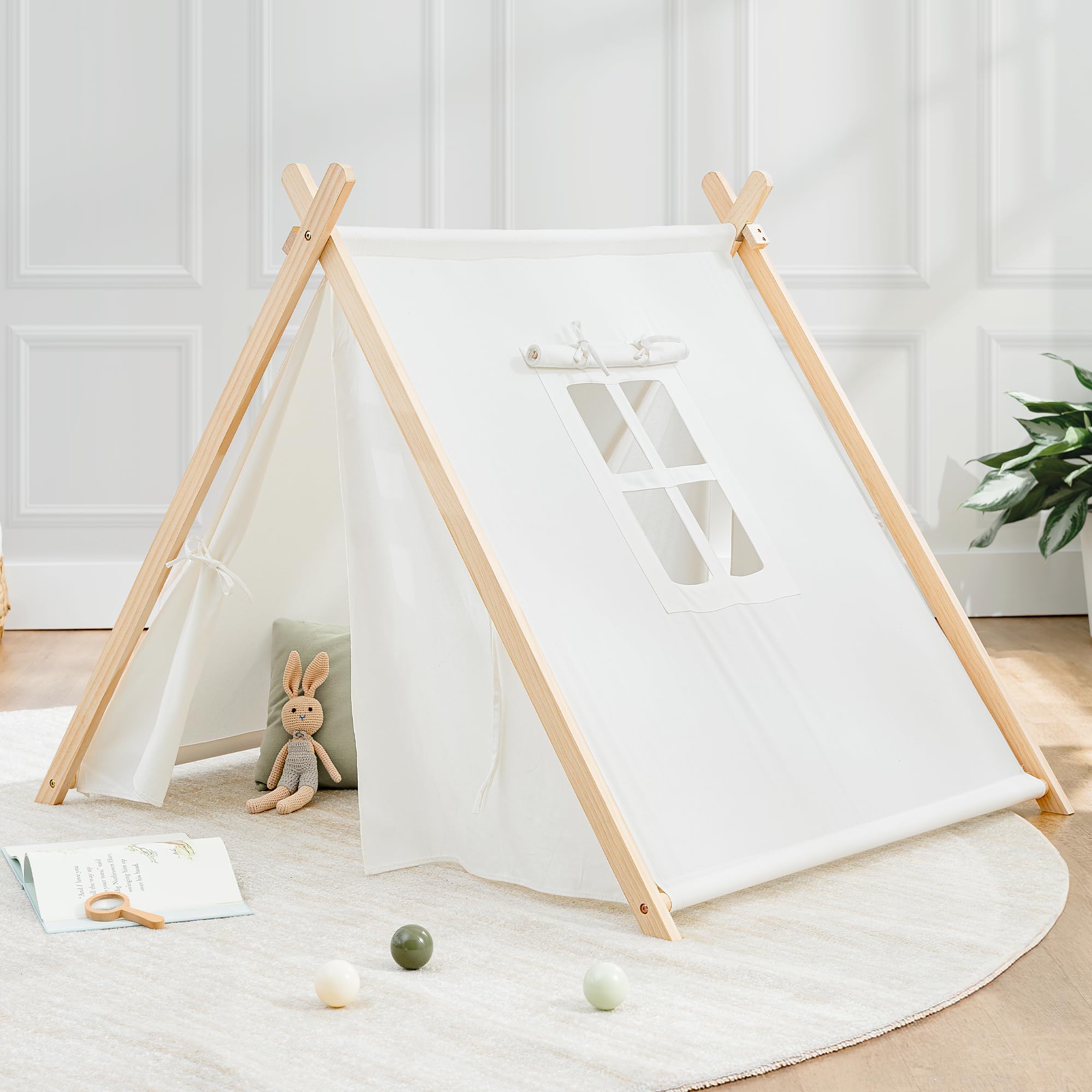 Kids Cotton Teepee Play Tent Natural Wood
