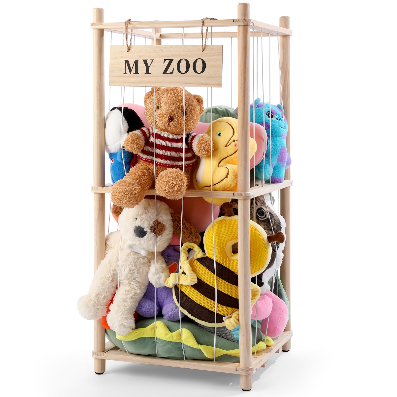 Wooden Stuffed Animal Storage Zoo Organizer with Elastic Cords