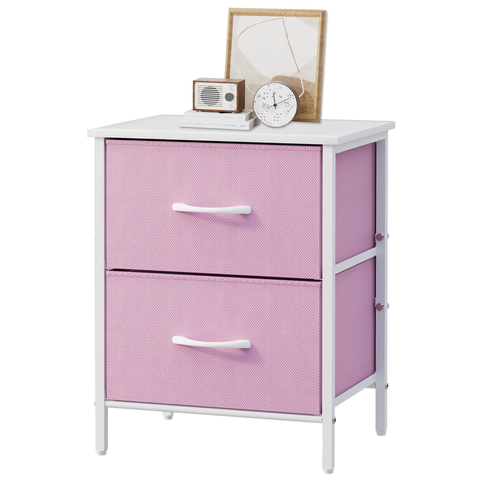 Nightstand, Kids Dresser with 2 Drawers, Steel Frame Bedside